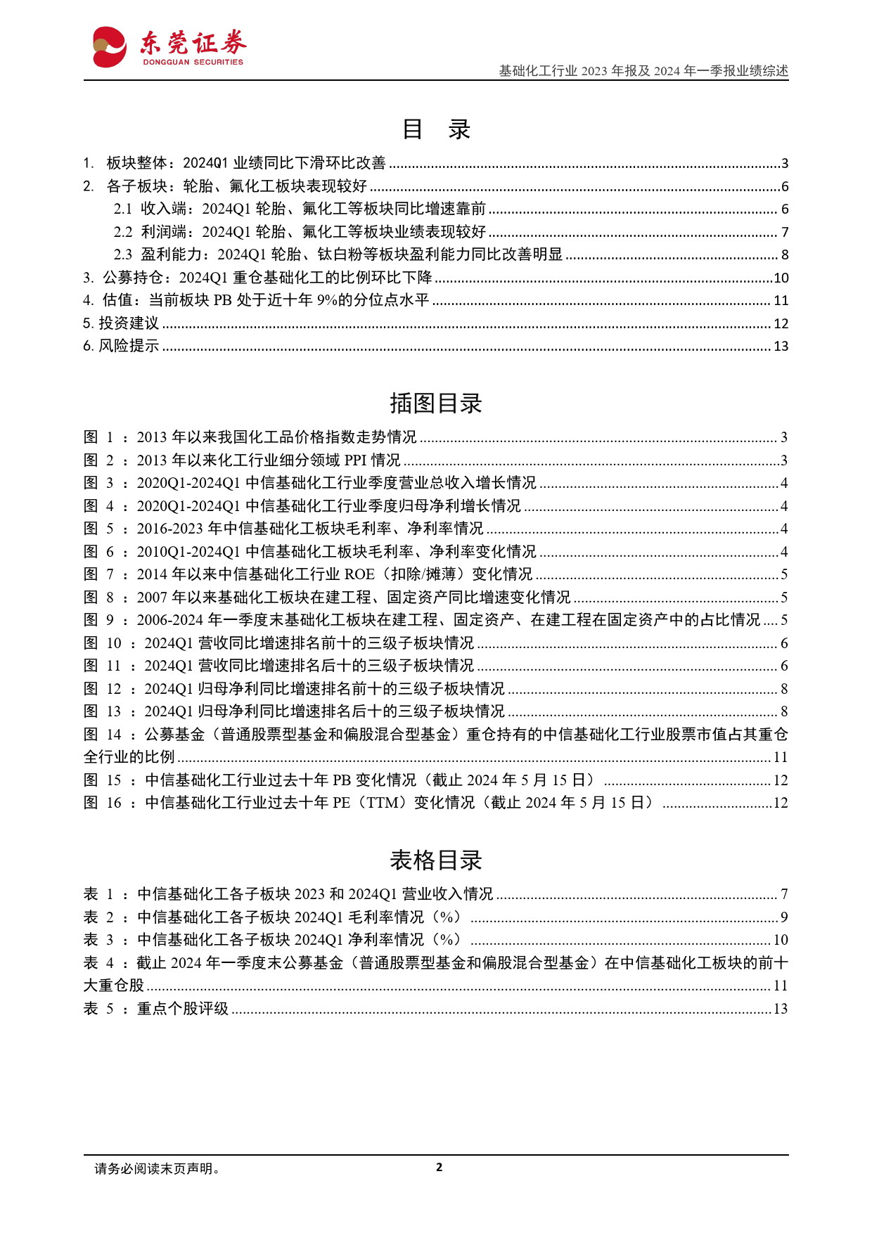 基础化工行业2023年报及2024一季报业绩综述：2024Q1业绩同比承压，轮胎、氟化工等板块改善明显-240516-东莞证券-14页_第2页