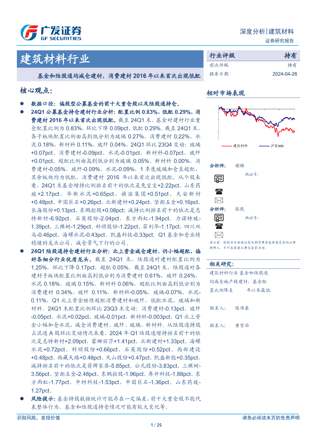 建筑材料行业：基金和陆股通均减仓建材，消费建材2016年以来首次出现低配-240426-广发证券-25页_第1页