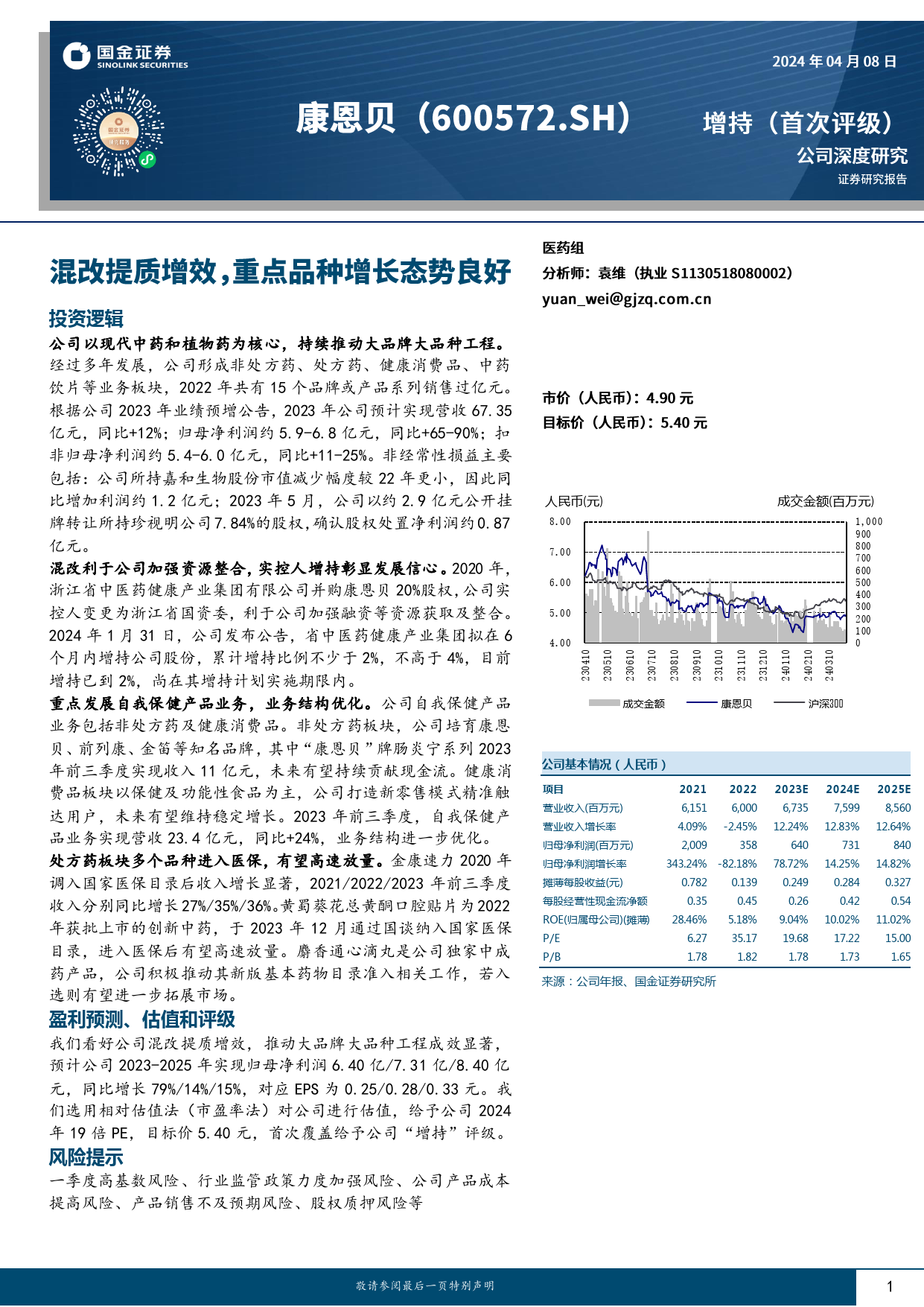 康恩贝-600572.SH-混改提质增效，重点品种增长态势良好-20240408-国金证券-22页_第1页