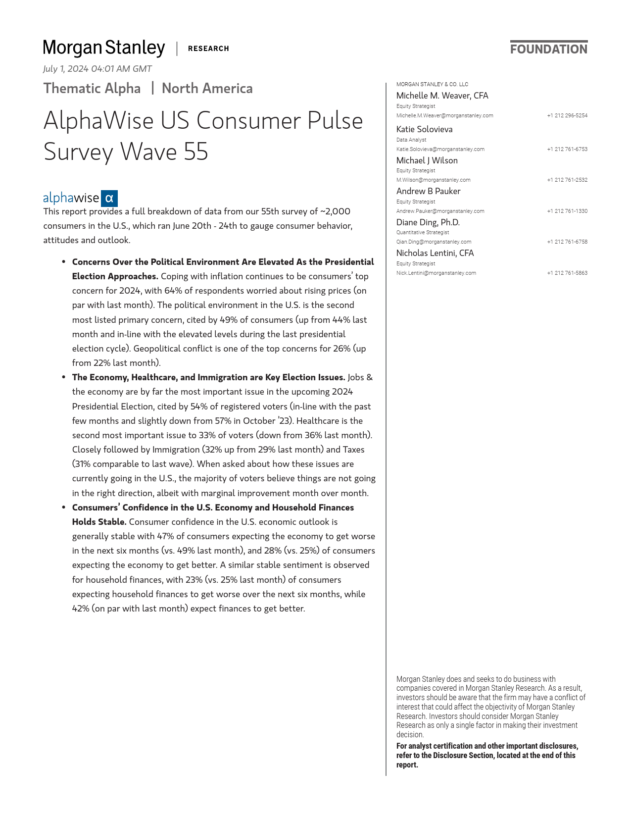 Morgan Stanley-Thematic Alpha AlphaWise US Consumer Pulse Survey Wave 55-108937662_第1页