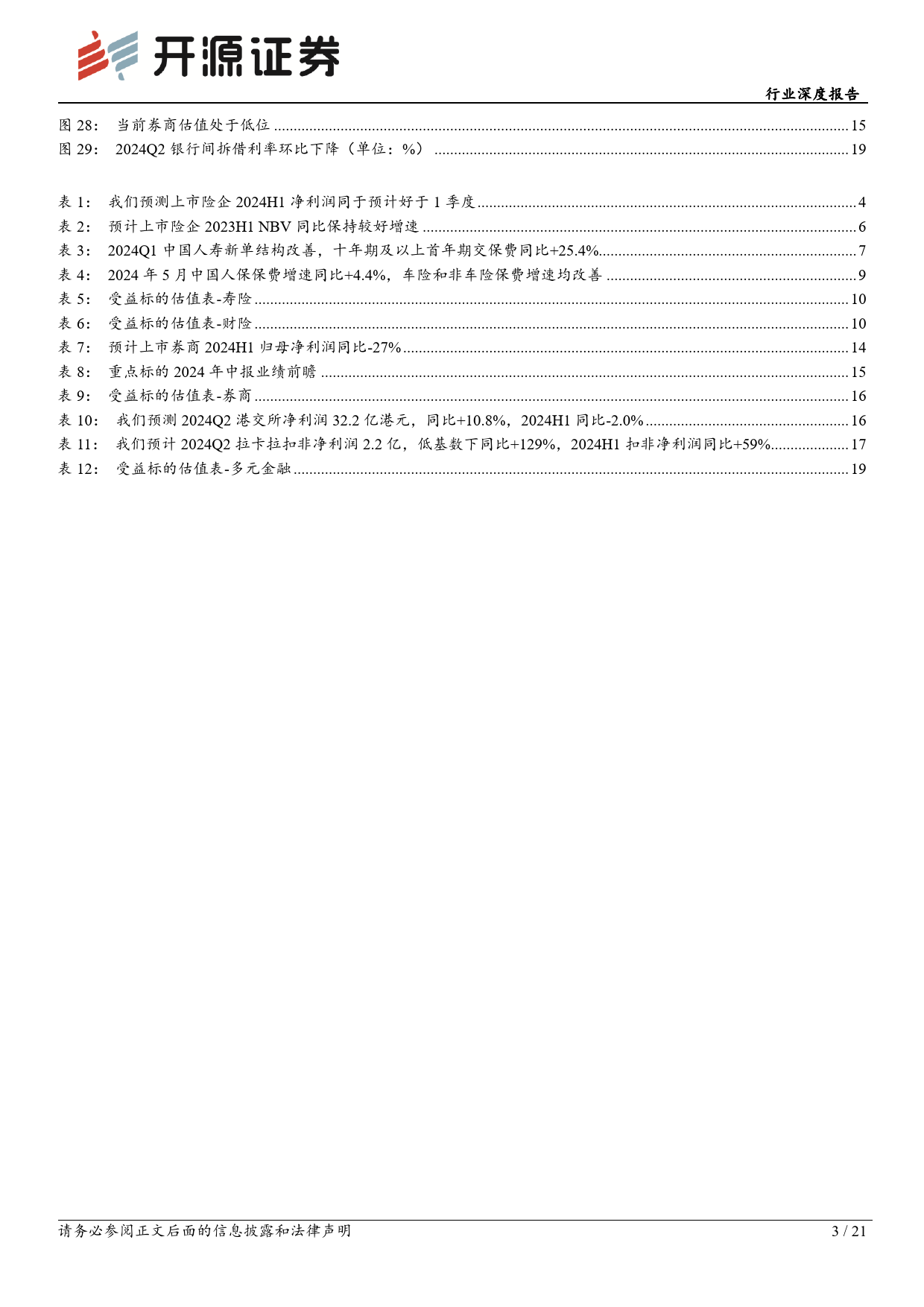 非银金融行业2024中报前瞻：保险中报景气度较好，并购仍是券商板块投资主线-240709-开源证券-21页_第3页