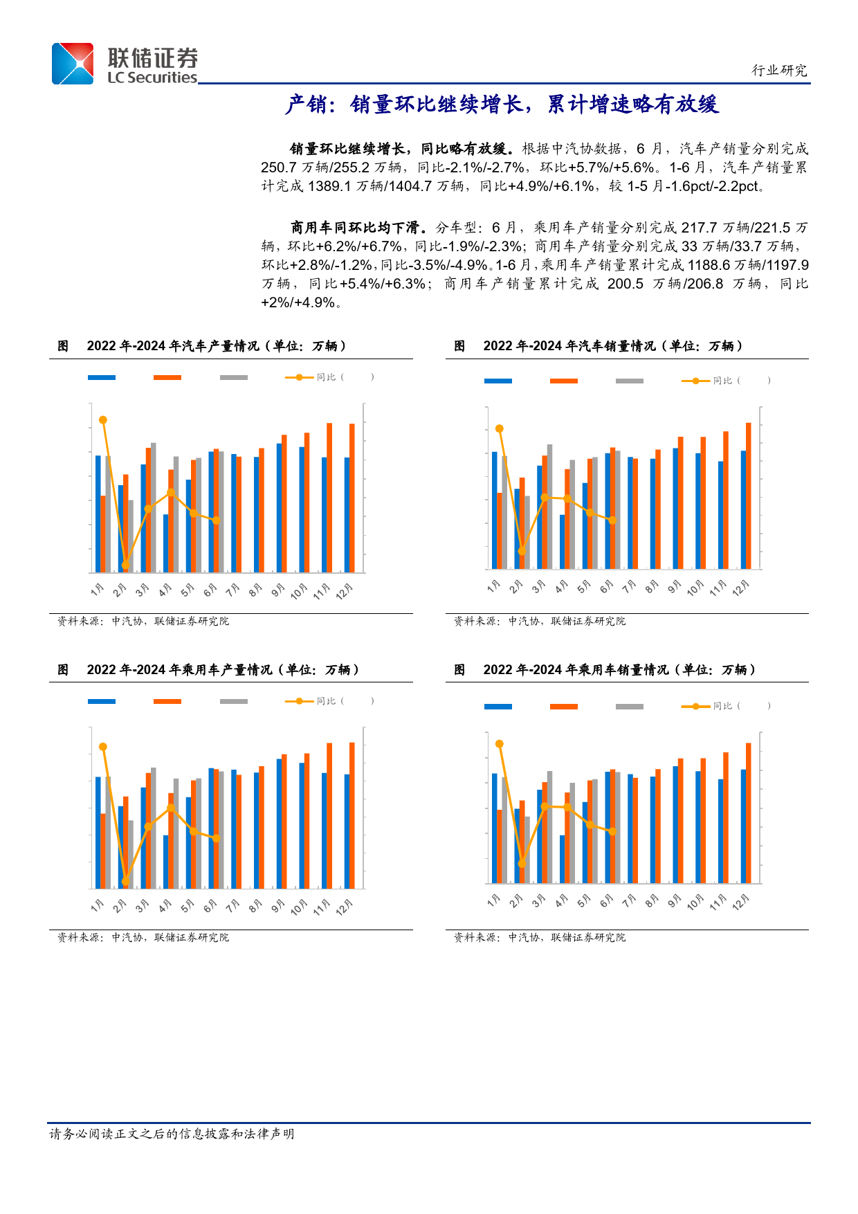 汽车行业2024年6月产销数据跟踪：总产销环比保持增长，新能源车型月度产销均破100万辆-240710-联储证券-10页_第3页