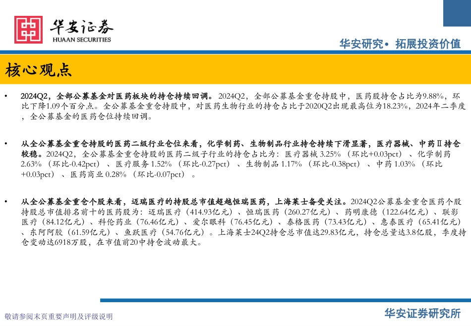 医药生物行业公募基金医药板块2024Q2持仓分析：2024Q2医药持仓持续回调，化学制药仓位下滑-240729-华安证券-11页_第2页