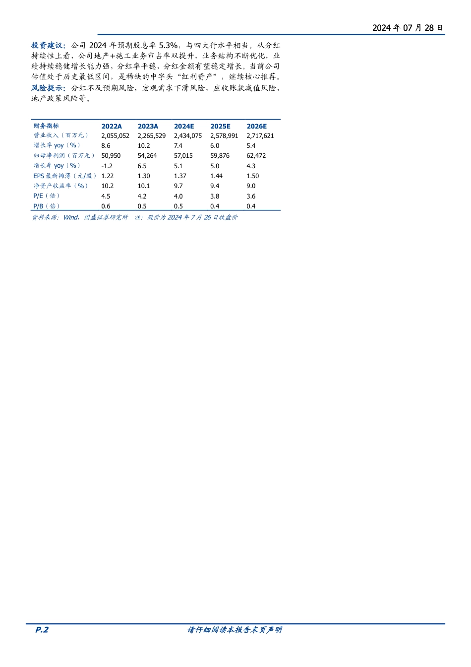 中国建筑(601668)如何看中国建筑分红的持续性？-240728-国盛证券-12页_第2页