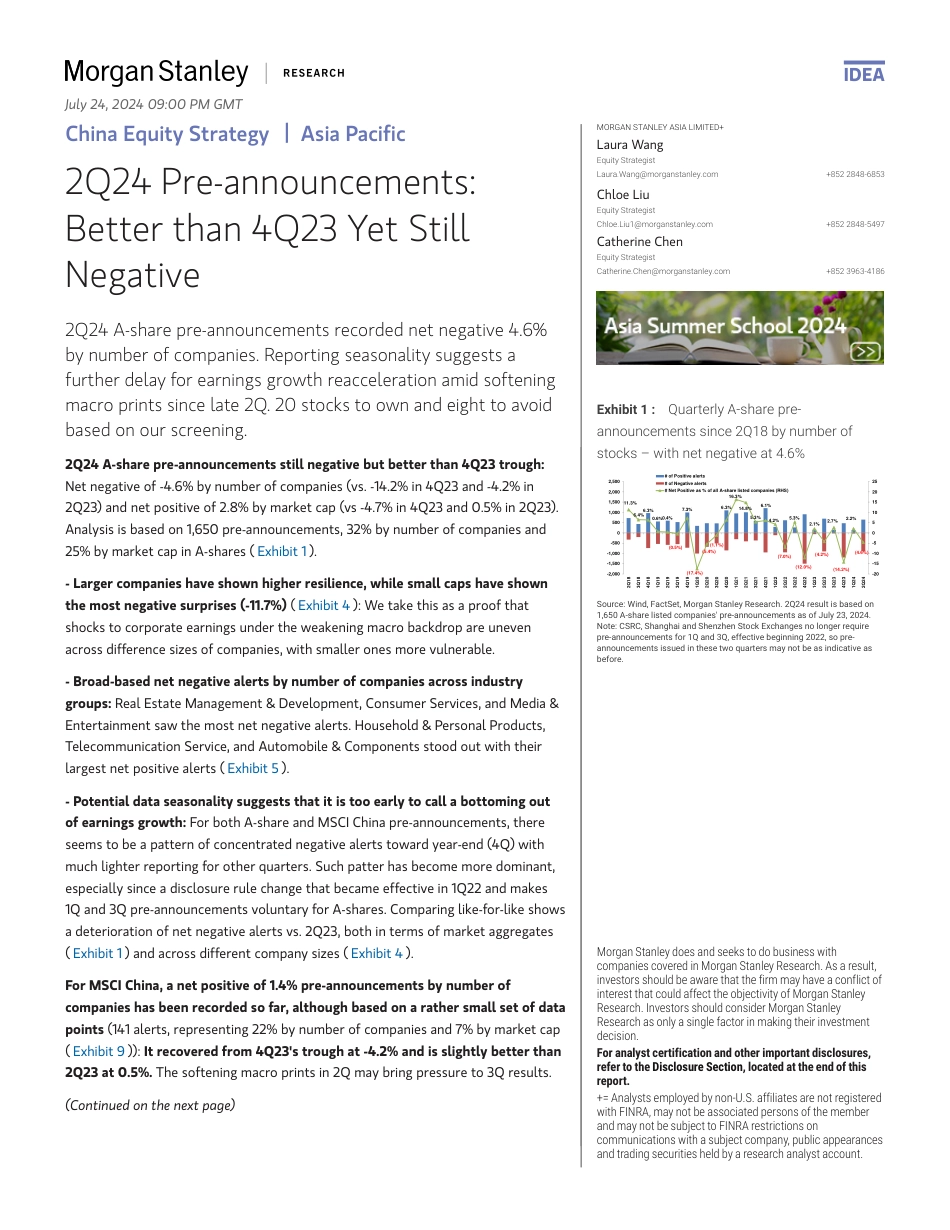 Morgan Stanley-China Equity Strategy 2Q24 Pre-announcements Better than 4...-109405027_第1页