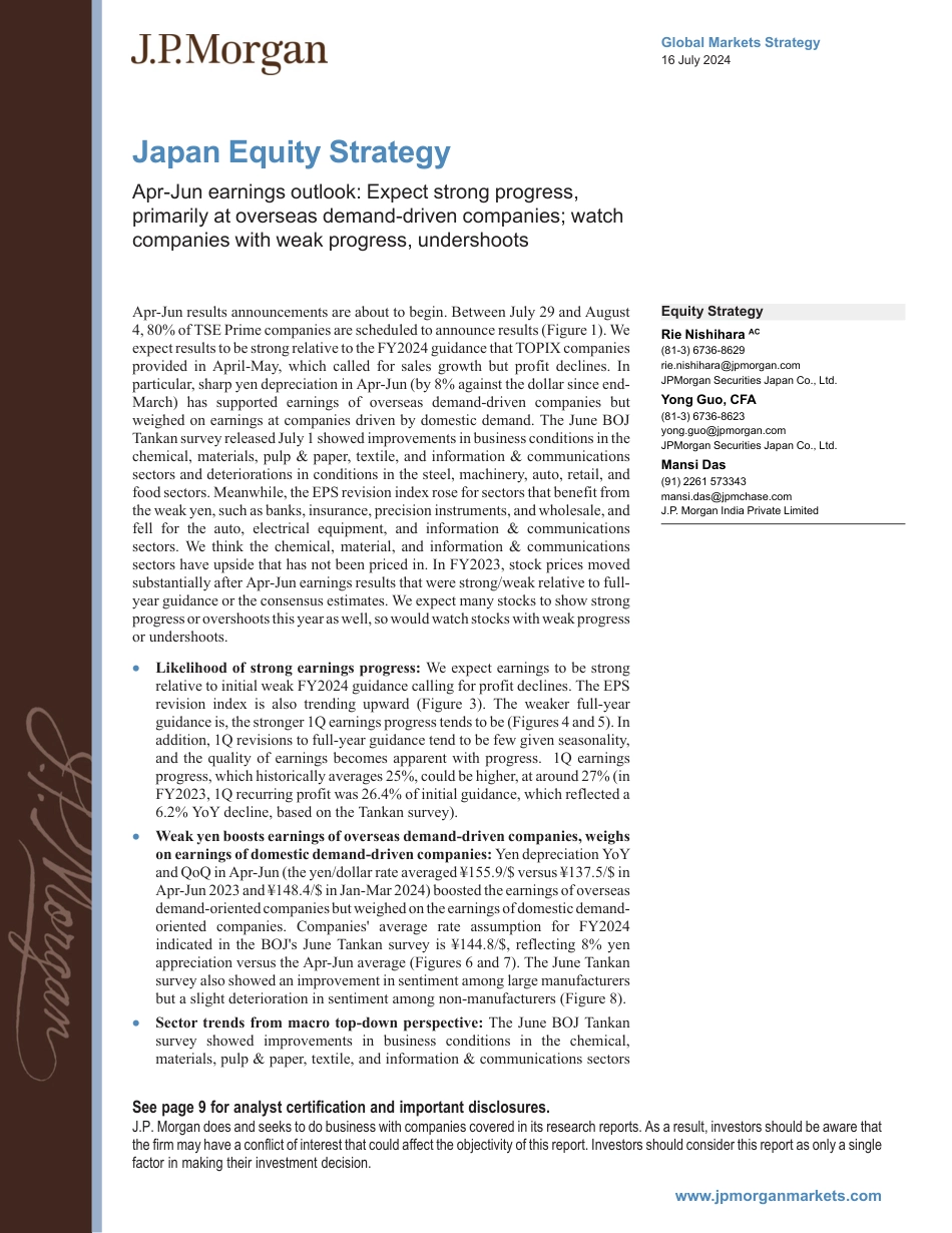 JPMorgan-Japan Equity Strategy Apr-Jun earnings outlook Expect stron...-109235931_第1页