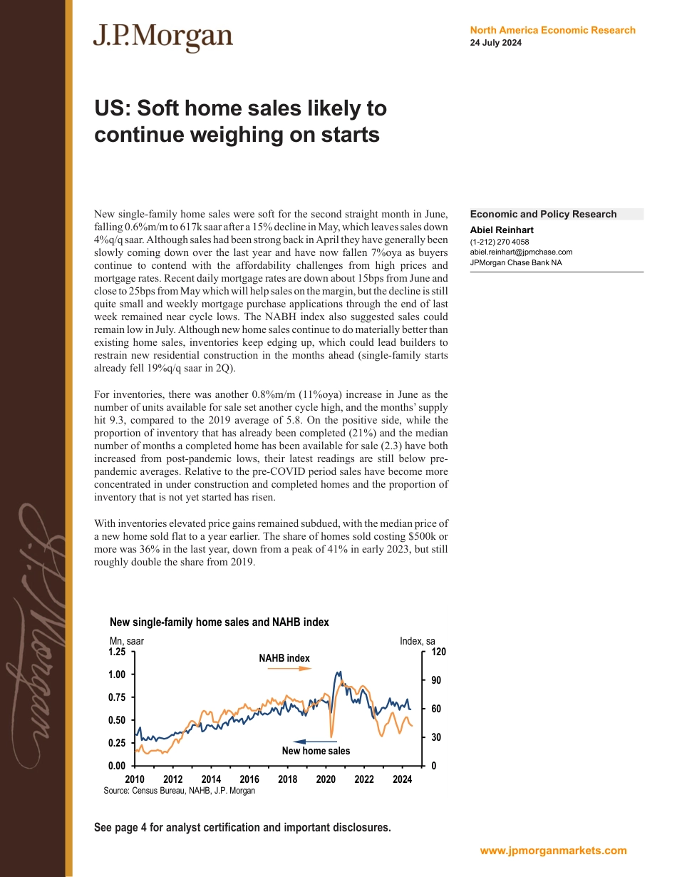 JPMorgan Econ  FI-US Soft home sales likely to continue weighing on starts-109403331_第1页