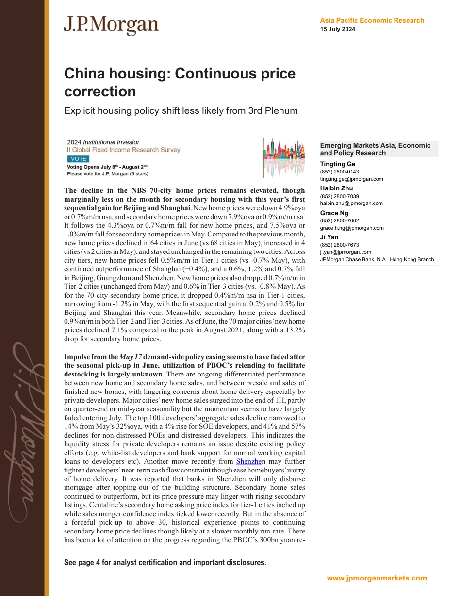 JPMorgan Econ  FI-China housing Continuous price correction Explicit housing ...-109228715_第1页