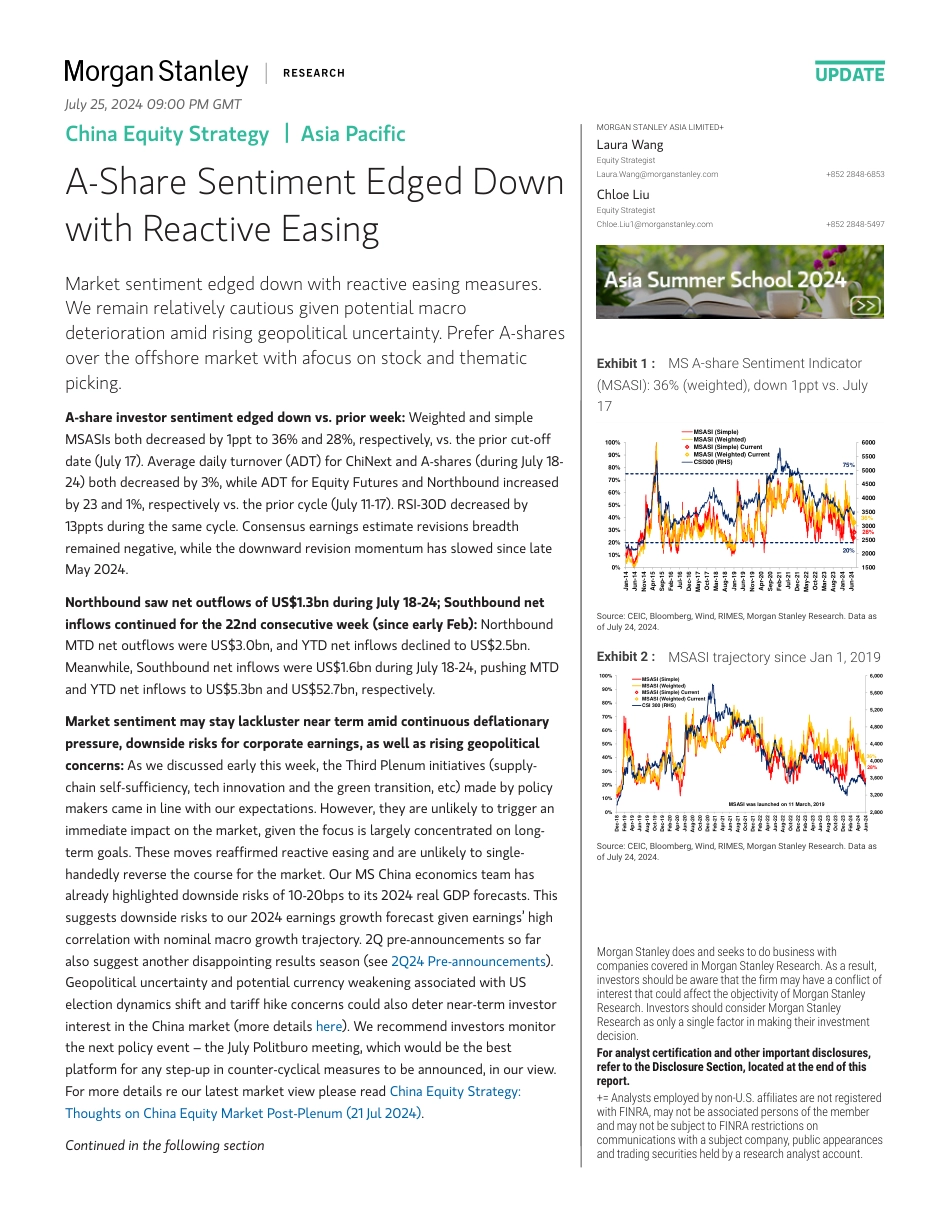 Morgan Stanley-China Equity Strategy A-Share Sentiment Edged Down with Rea...-109426088_第1页