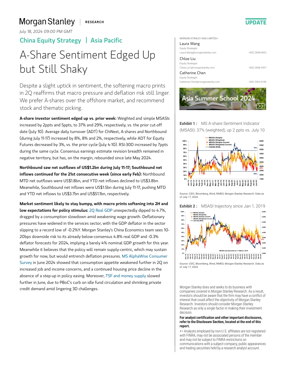 Morgan Stanley-China Equity Strategy A-Share Sentiment Edged Up but Still ...-109304140_第1页