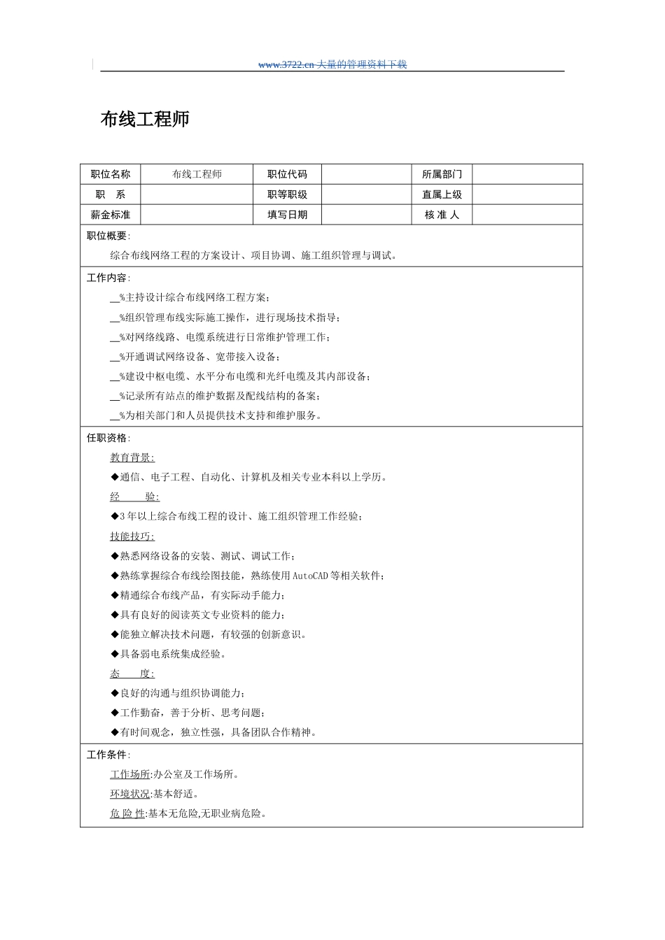 职位说明书：布线工程师_第1页