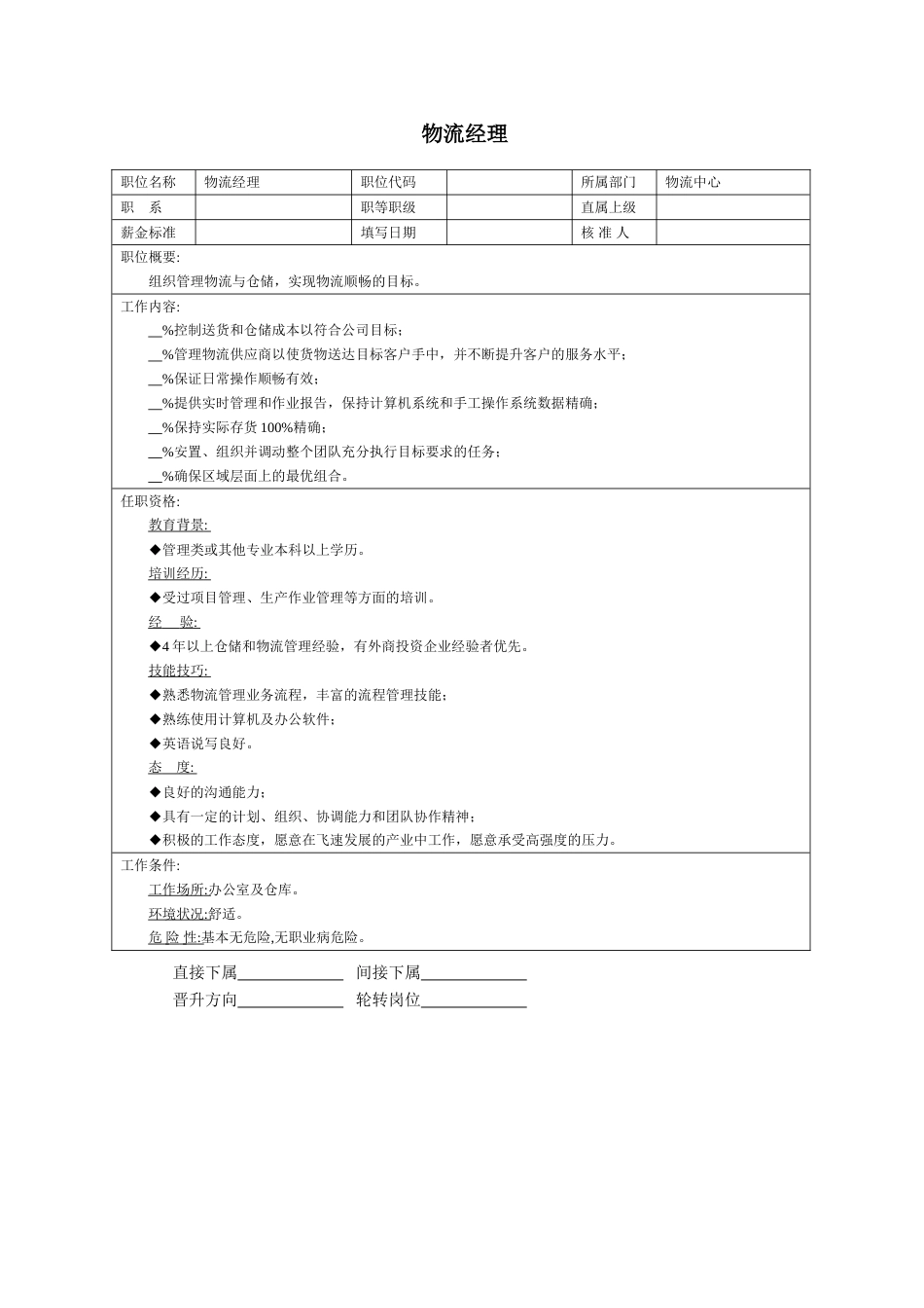 职位说明书：物流经理_第1页