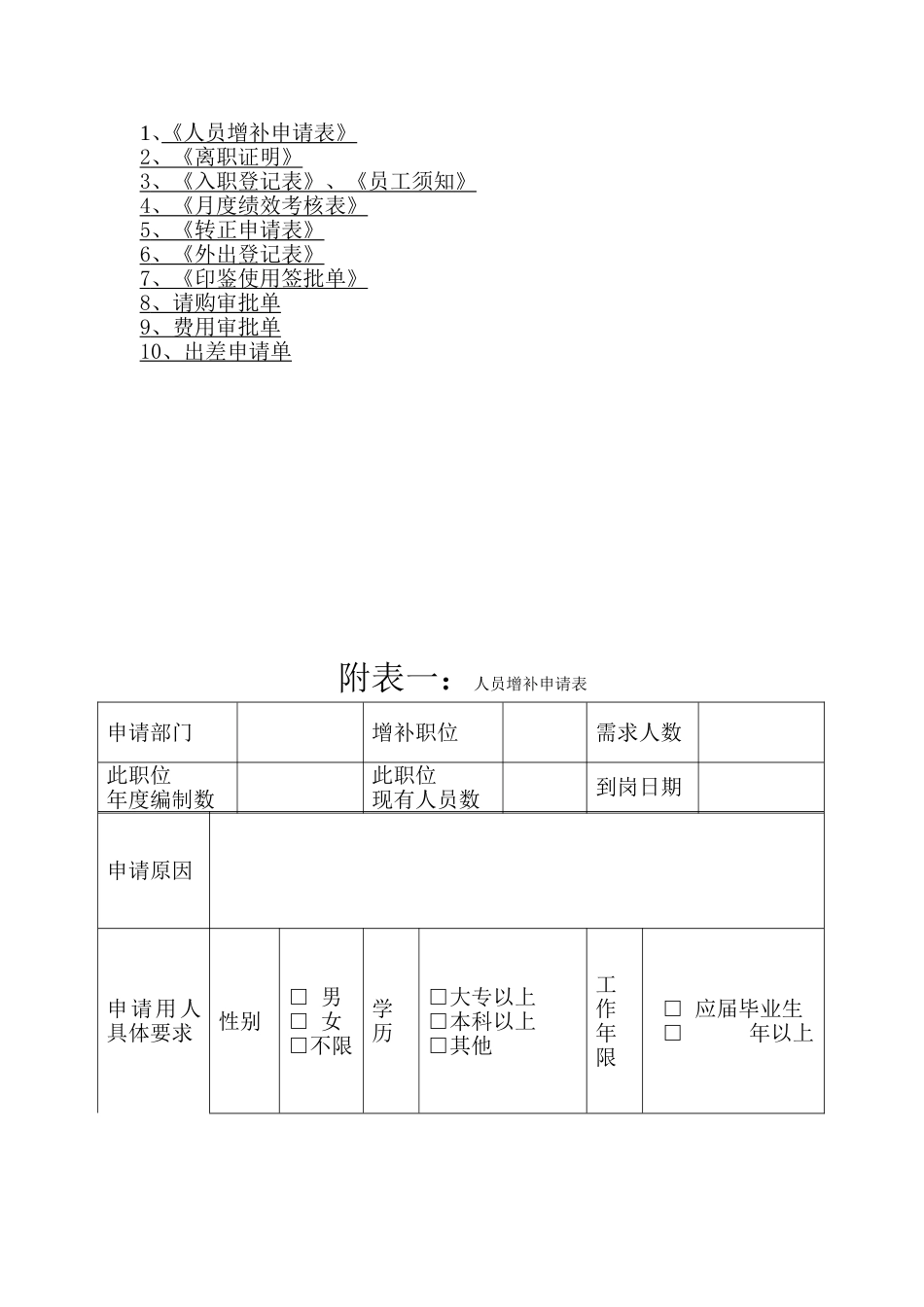 员工手册附录表格_第1页