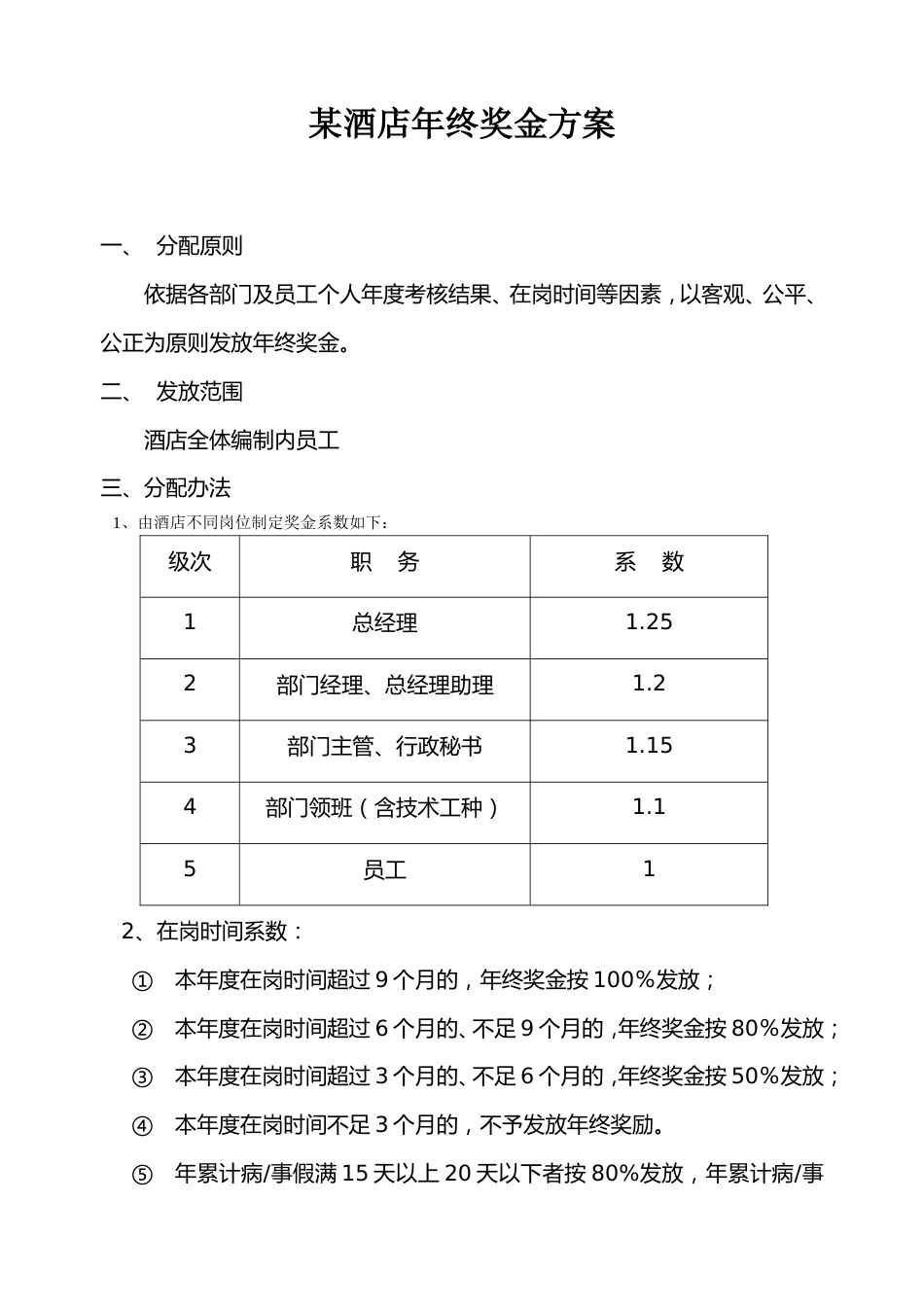 【服务行业】年终奖发放方案（酒店企业）_第1页