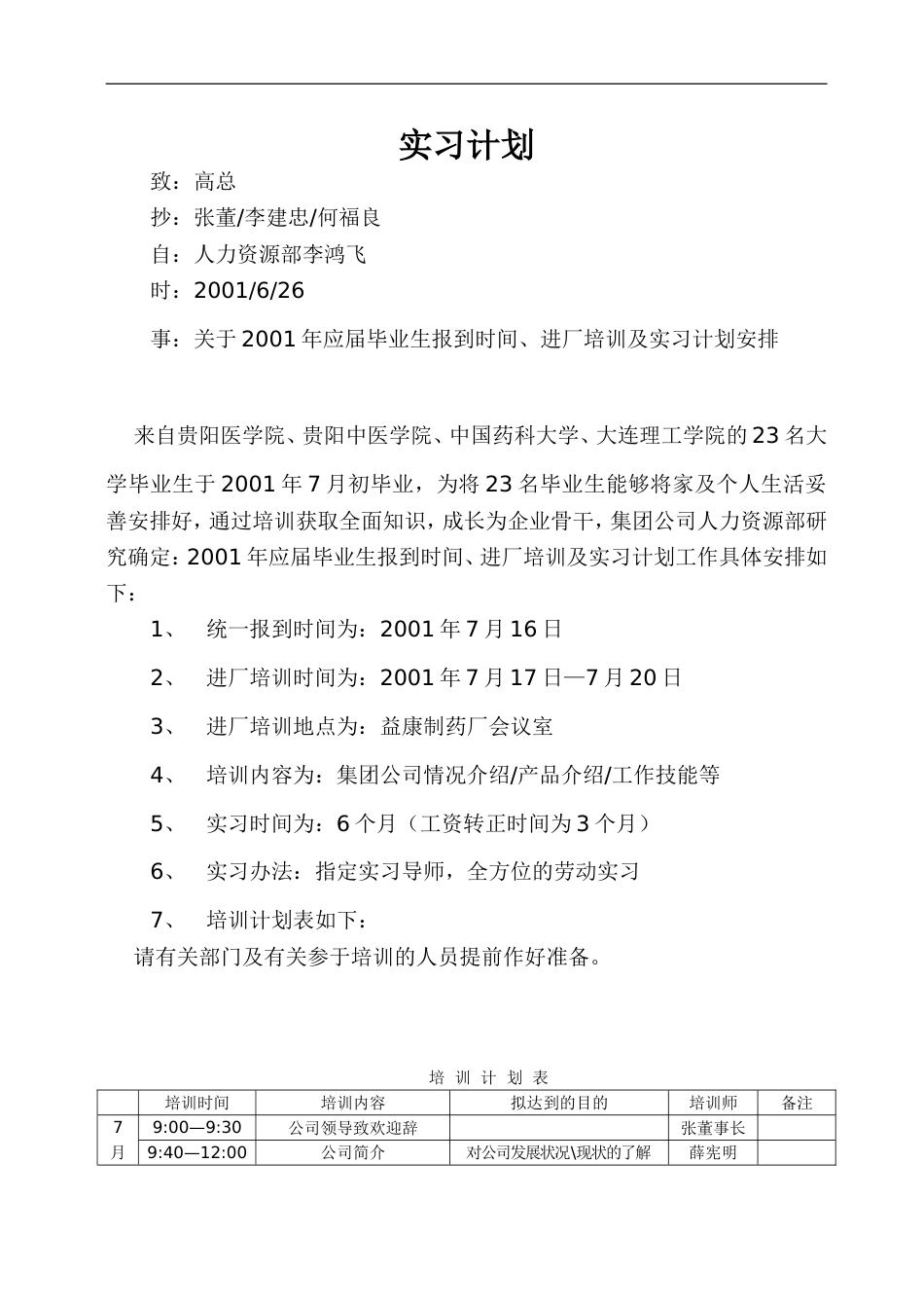 华盈恒信—福建金辉房地产—例：2001年应届毕业生进厂培训、实习计划_第1页