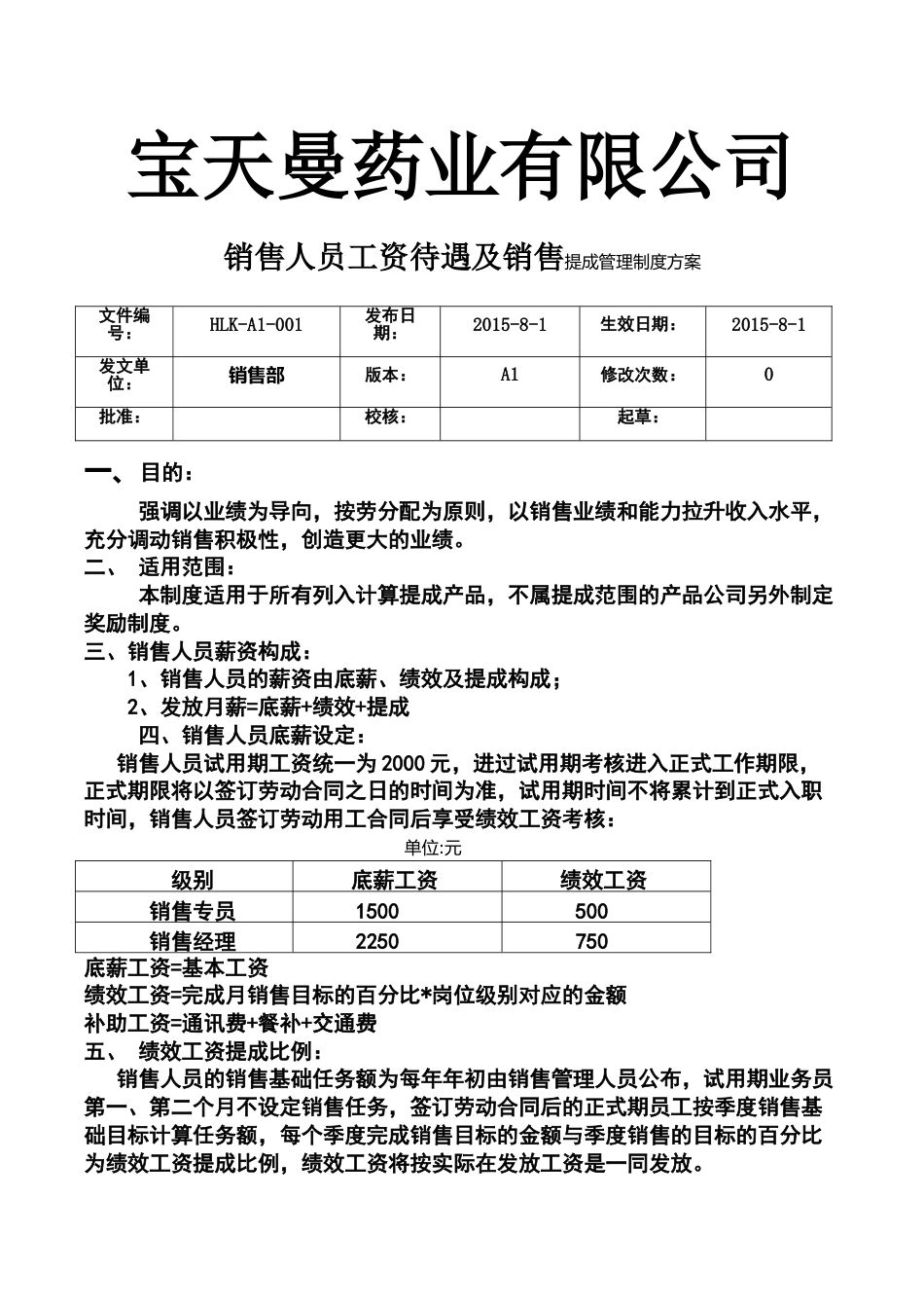 药业有限公司销售人员工资待遇及销售提成管理制度方案_第1页