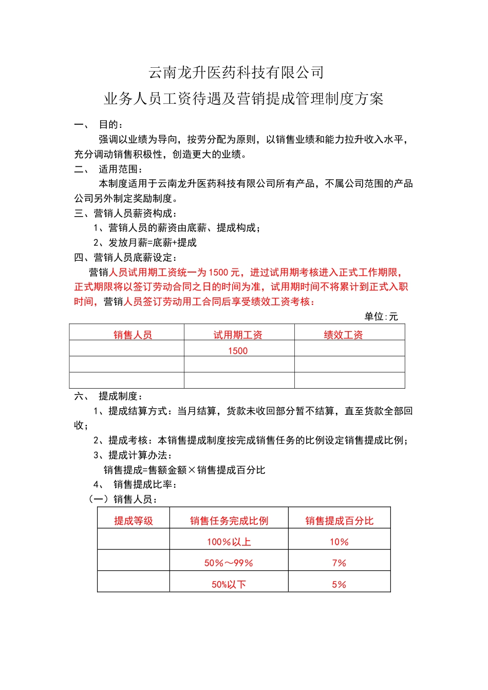 医药科技有限公司销售人员工资待遇及销售提成管理制度方案(2)_第1页