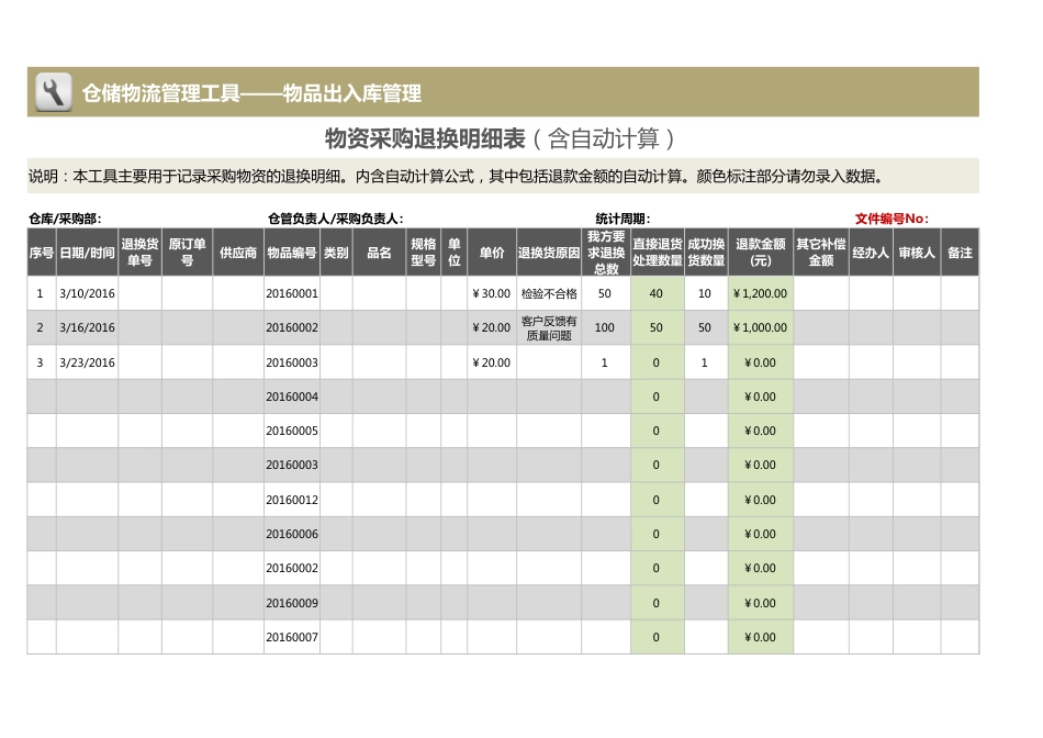 物资采购退换明细表（含自动计算）_第1页