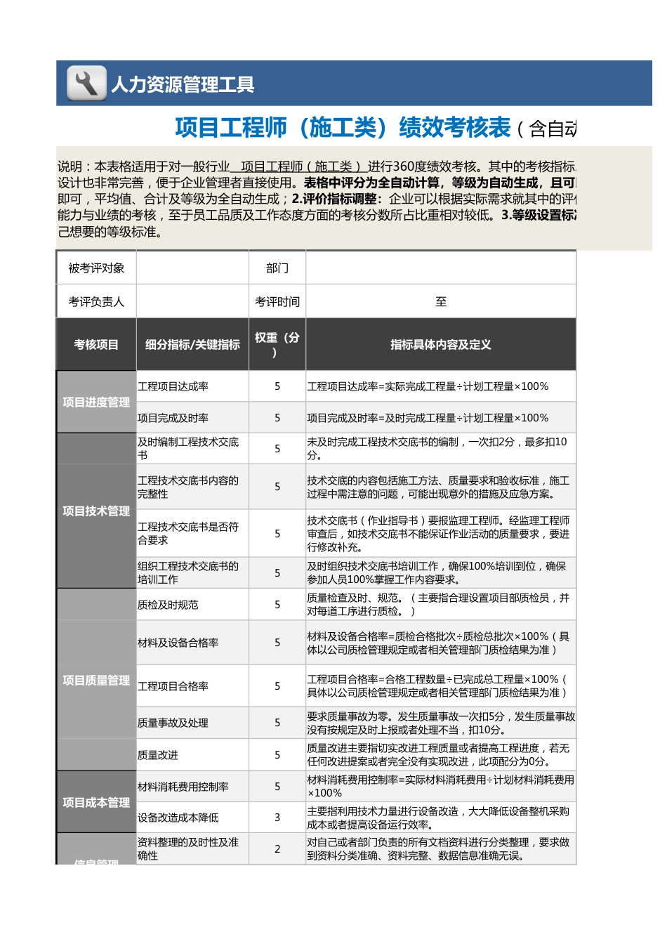 08-3-项目工程师（施工类）绩效考核表（含自动计算及等级评价）_第1页