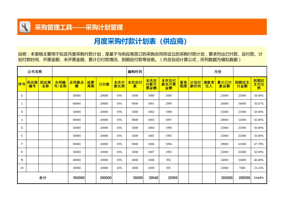 月度采购付款计划表（供应商，含付款明细）_第1页