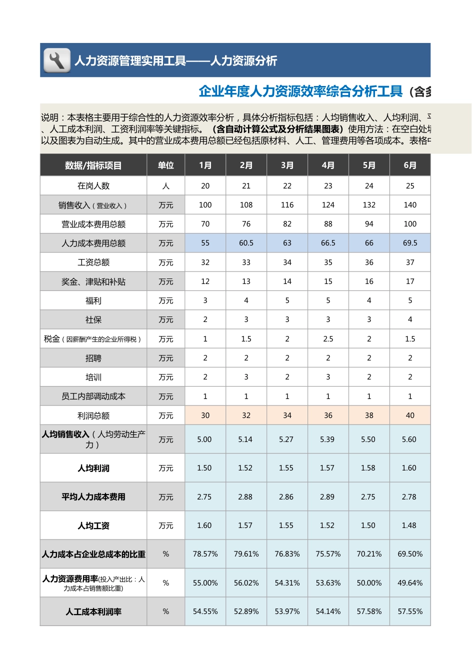 【人力资源管理工具】企业年度人力资源效率综合分析（含多项指标、各月度）_第1页