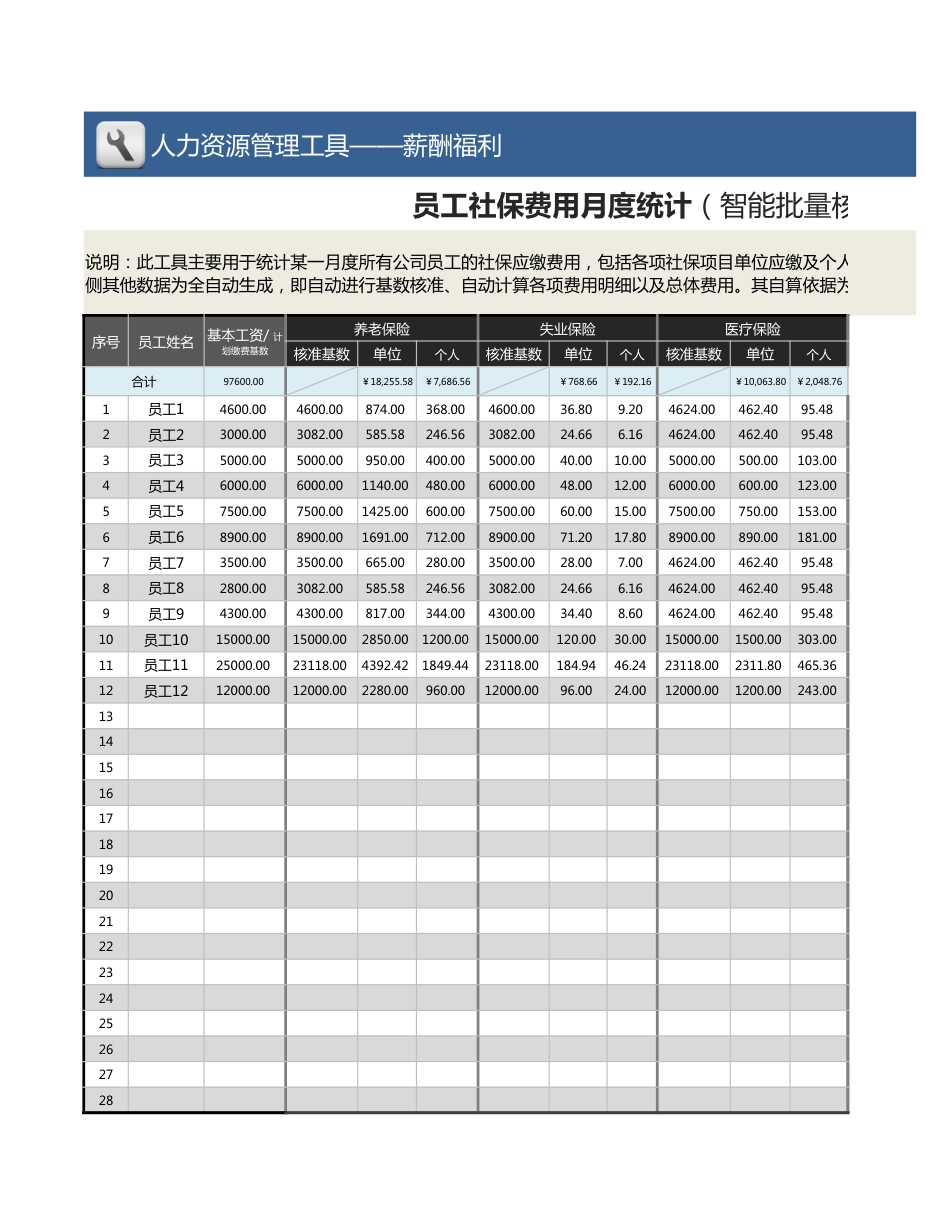 【薪酬管理工具】员工社保费用月度统计（智能批量核准基数、自动计算）_第3页