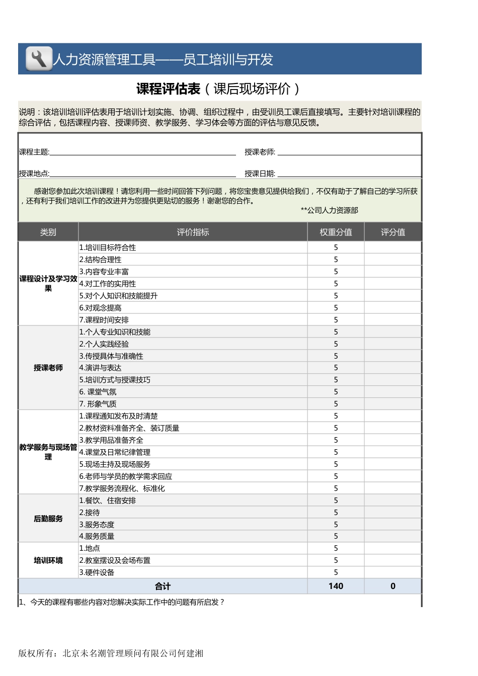 【员工培训与开发】课程评估表（课后现场评价）_第1页