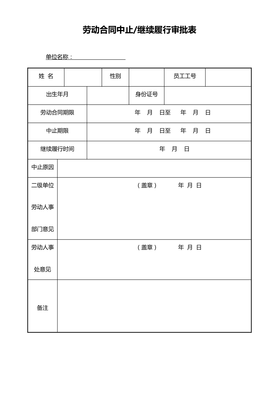 劳动合同中止继续履行审批表_第1页