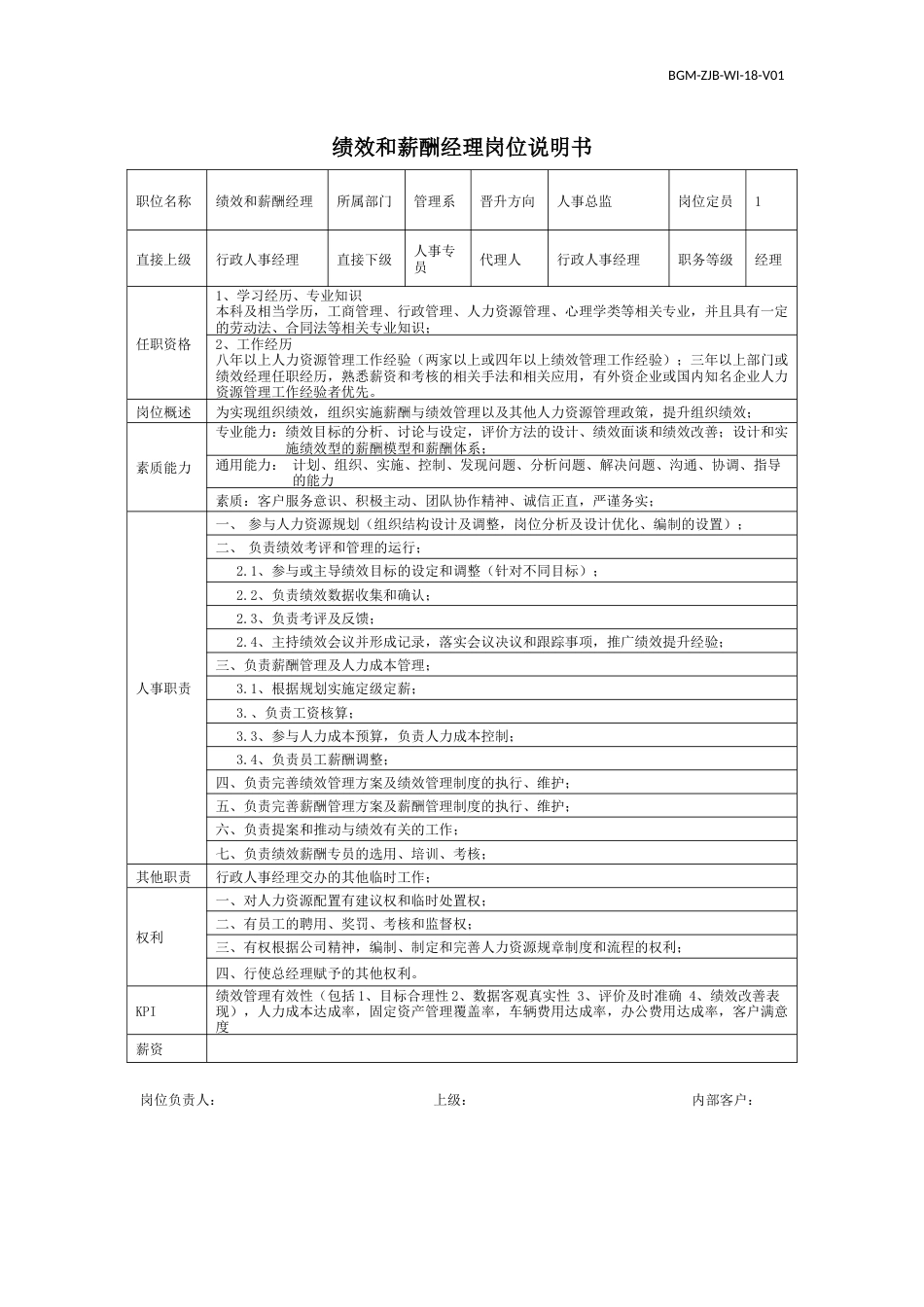 绩效经理岗位说明书_第1页