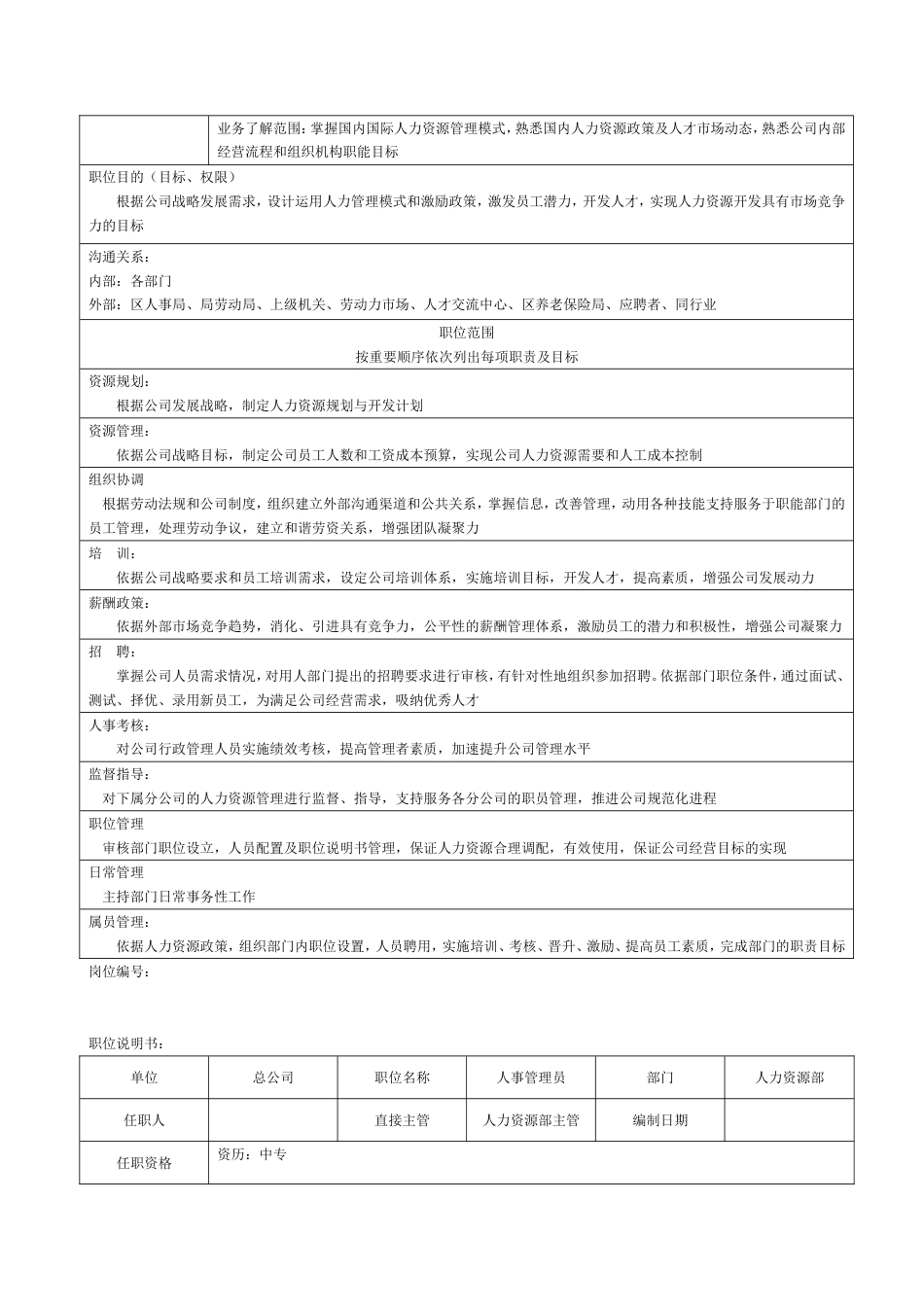 人力资源部门职责及部门岗位说明书_第4页