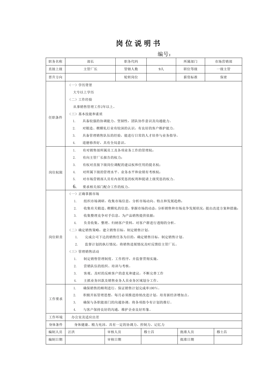 市场营销部各岗位说明书_第1页