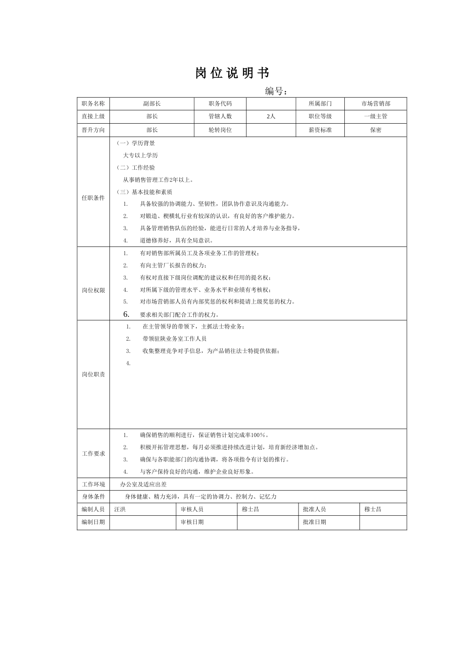 市场营销部各岗位说明书_第2页