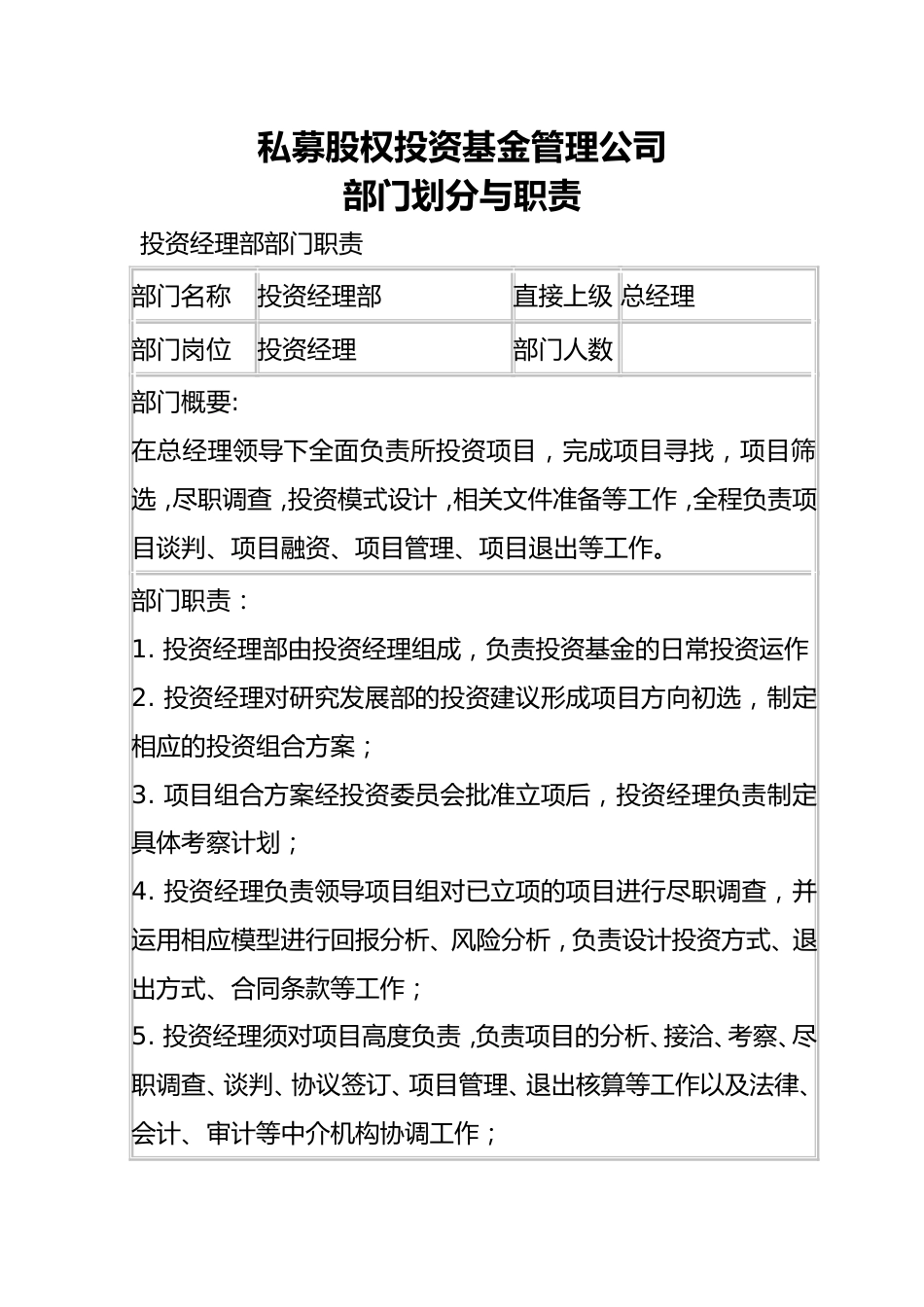 私募股权投资基金管理公司部门划分与职责_第1页