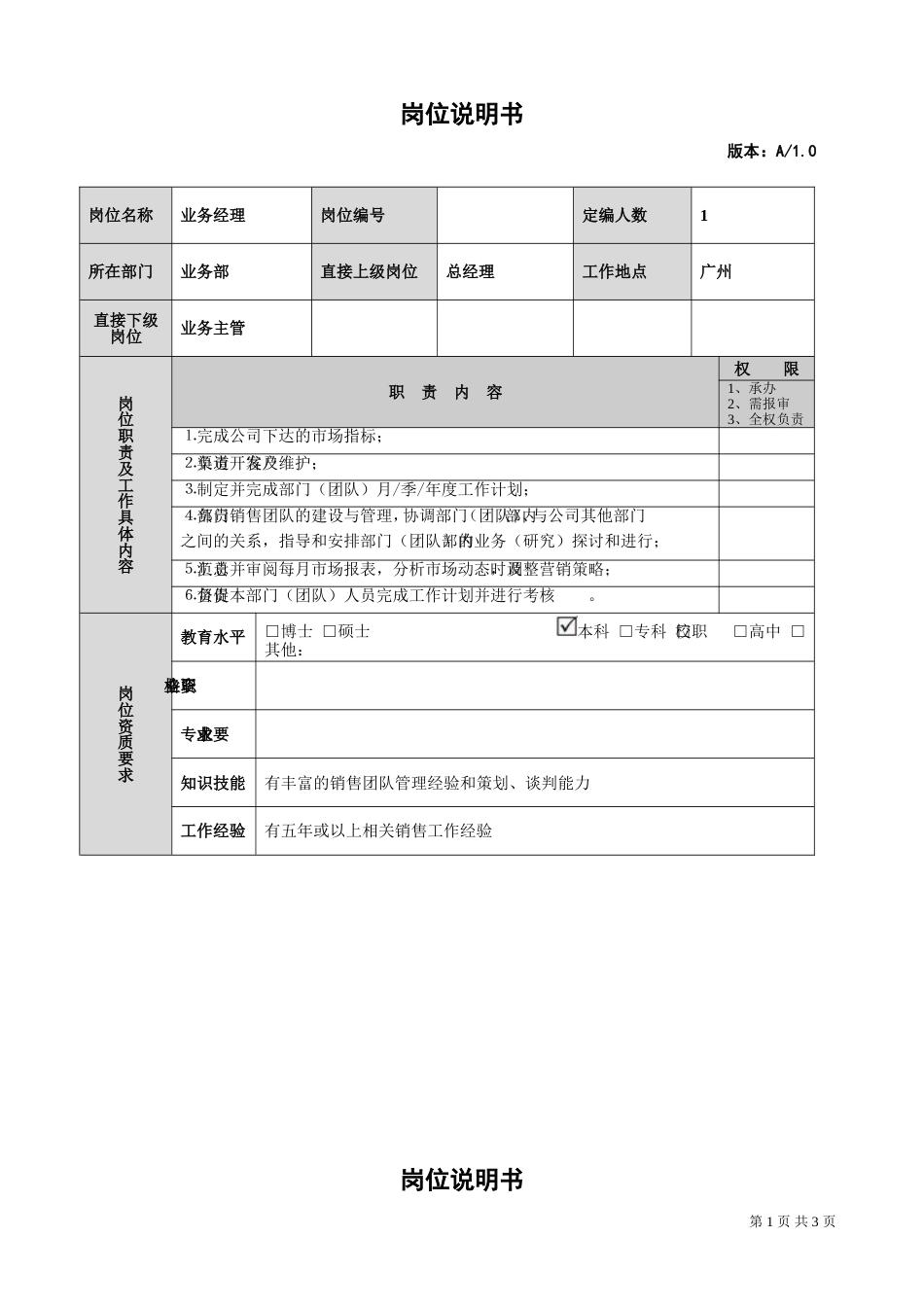 销售人员岗位职责说明书_第1页