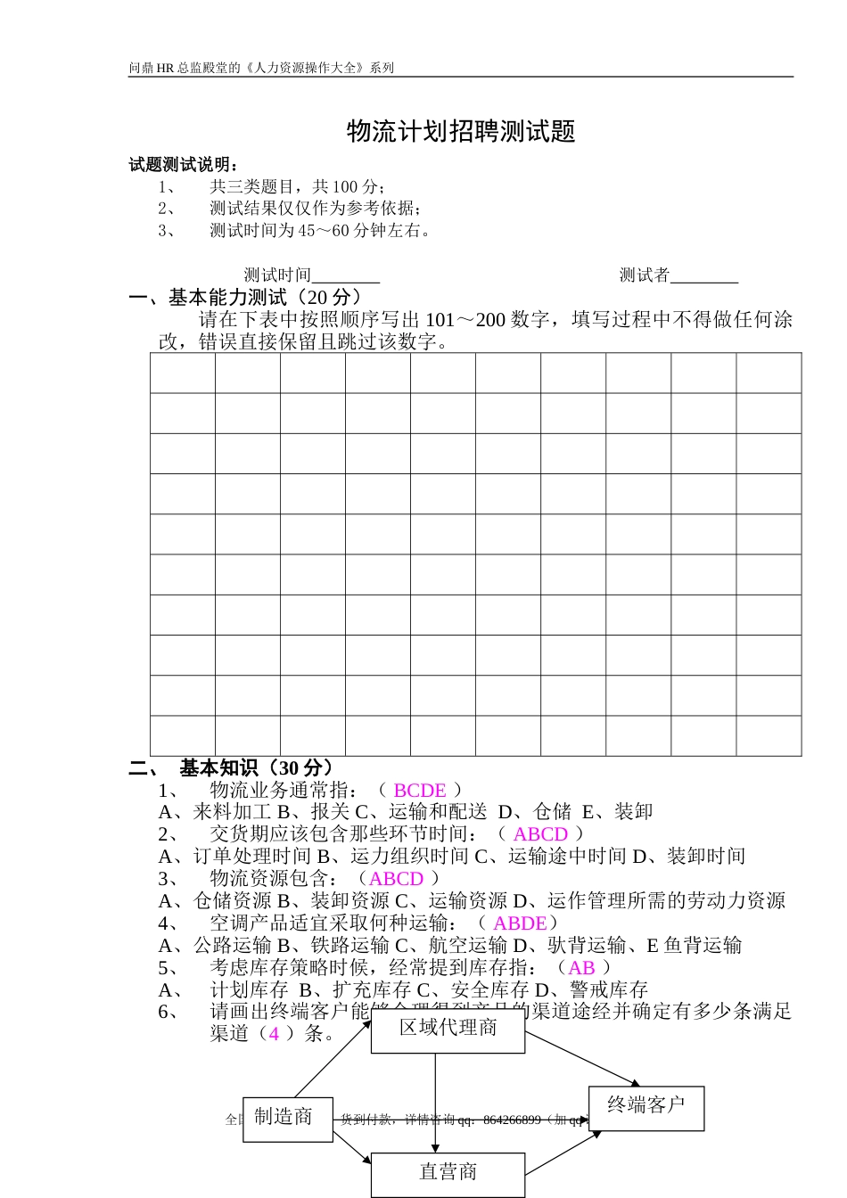 物流计划招聘测试题（答案）_第1页