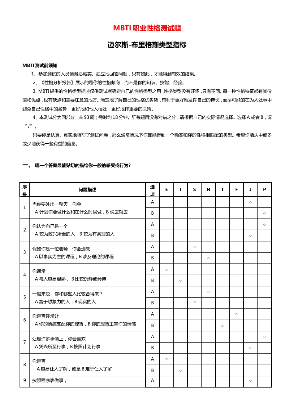 MBTI职业性格测试题_第1页