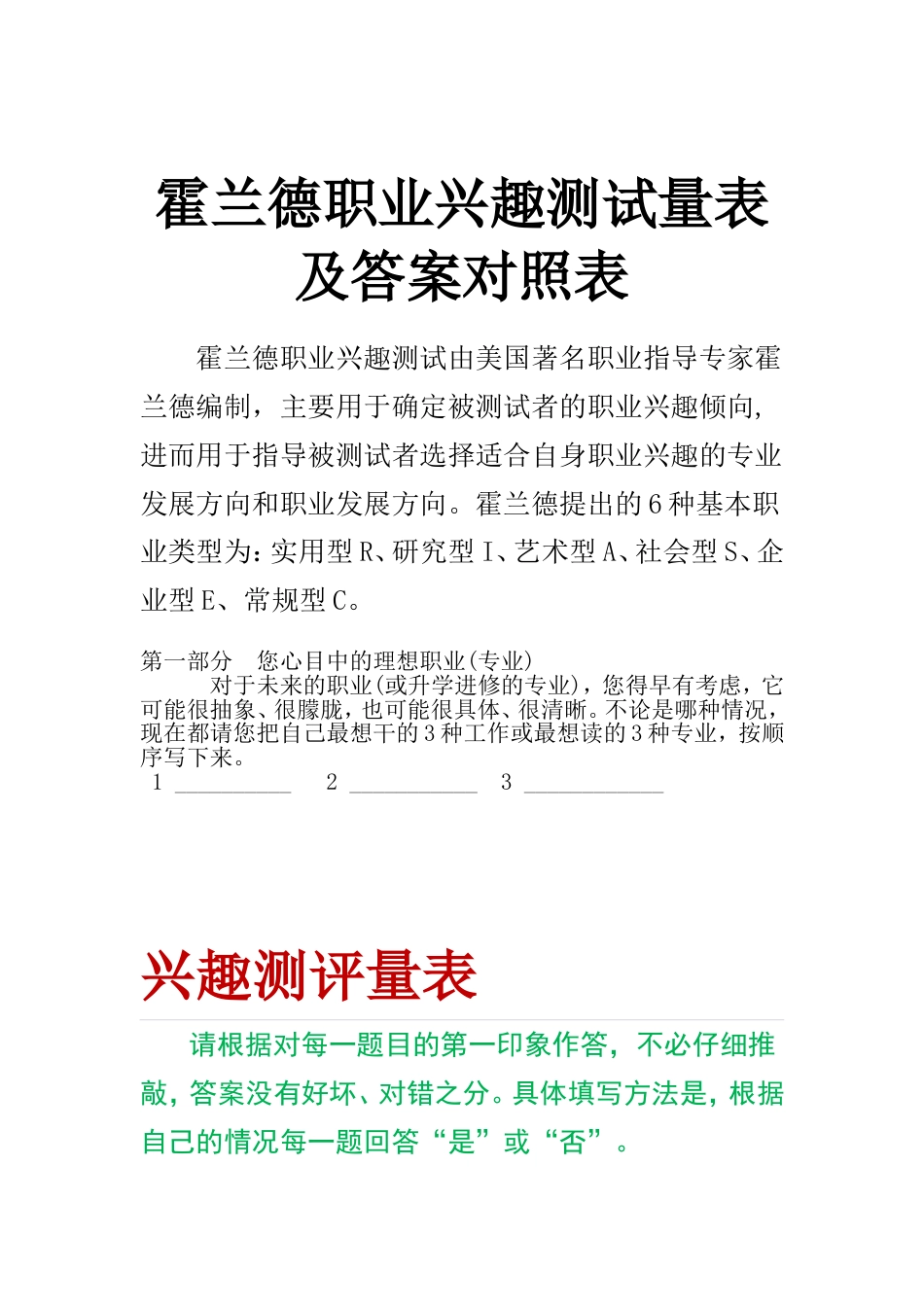 霍兰德职业兴趣测试量表及答案对照表--wanzheng_第1页