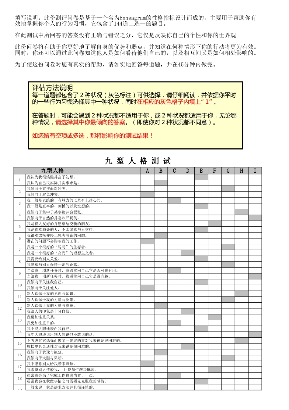 九型人格测试题144题excel版可直接得出结果_第1页