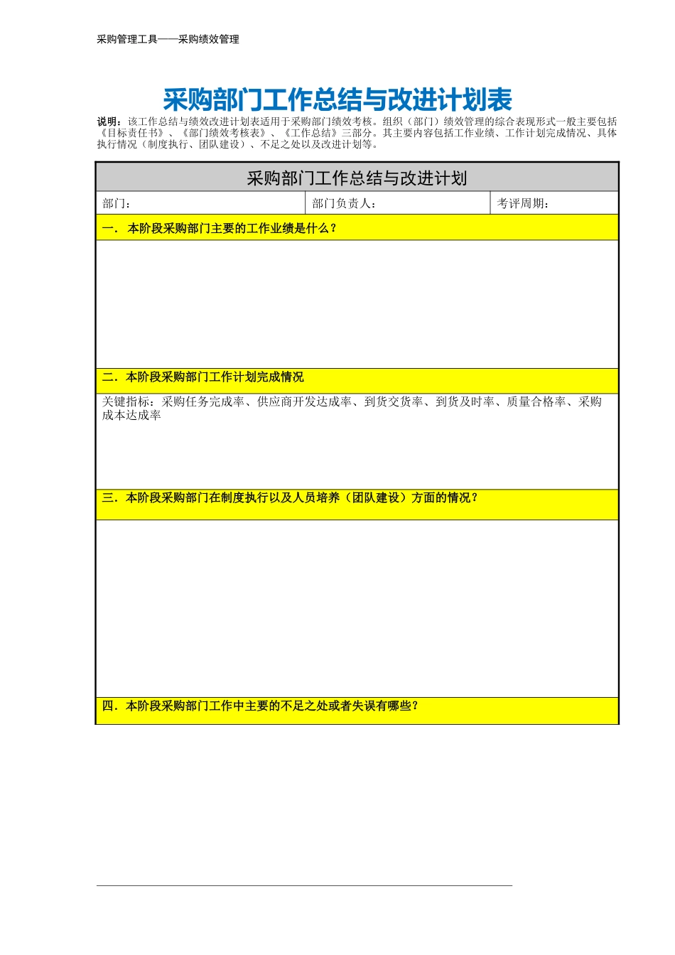 153 采购部门工作总结与改进计划表-3页_第2页