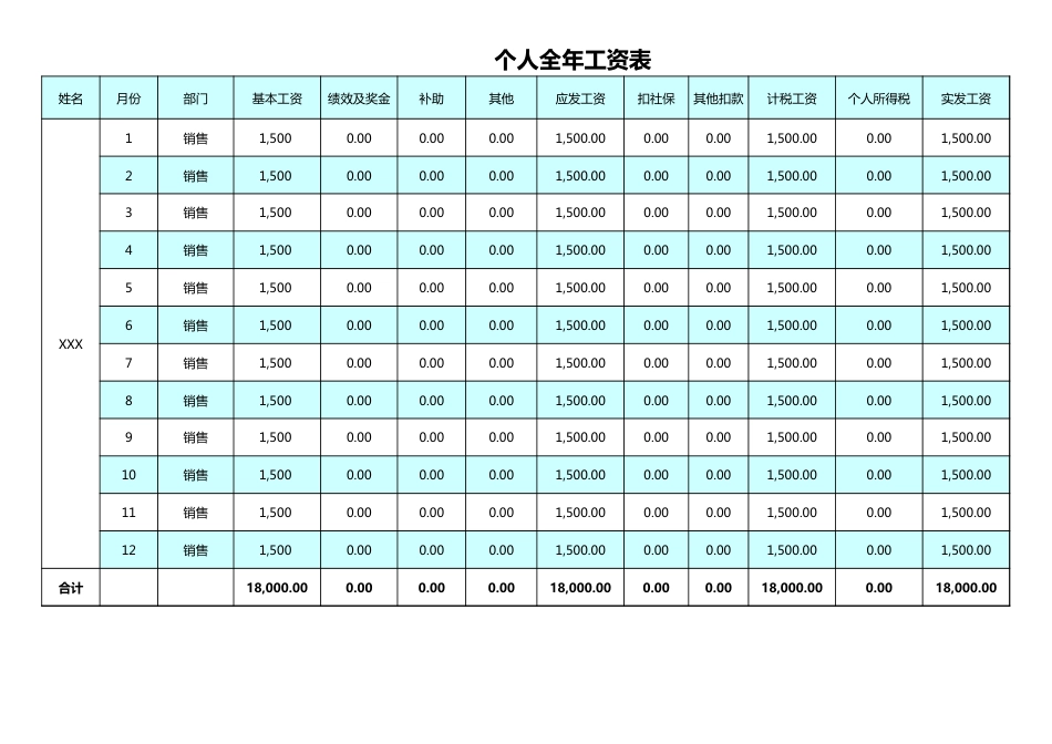 13-【通用】个人全年工资表_第1页