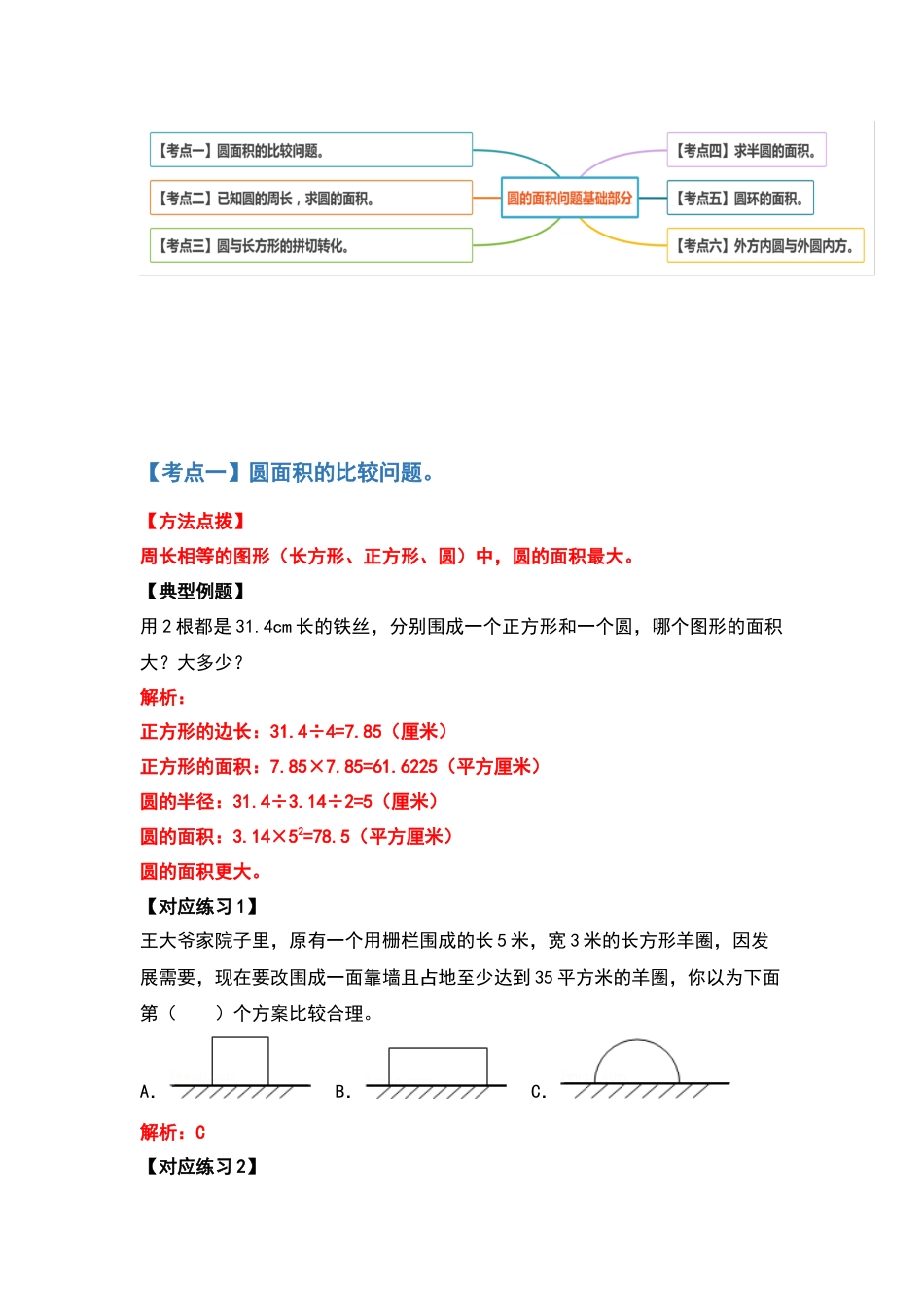 六年级数学上册典型例题系列之第五单元圆的面积问题基础部分（解析版）_第2页