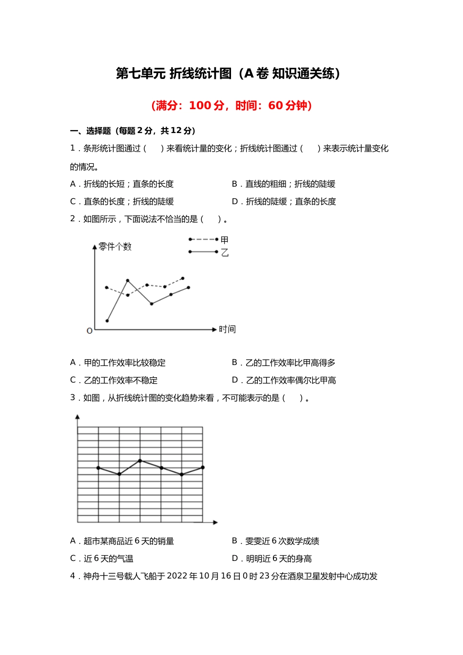 第七单元+折线统计图（A卷+知识通关练）-2022-2023年五年级下册数学单元AB卷（人教版）_new_第1页