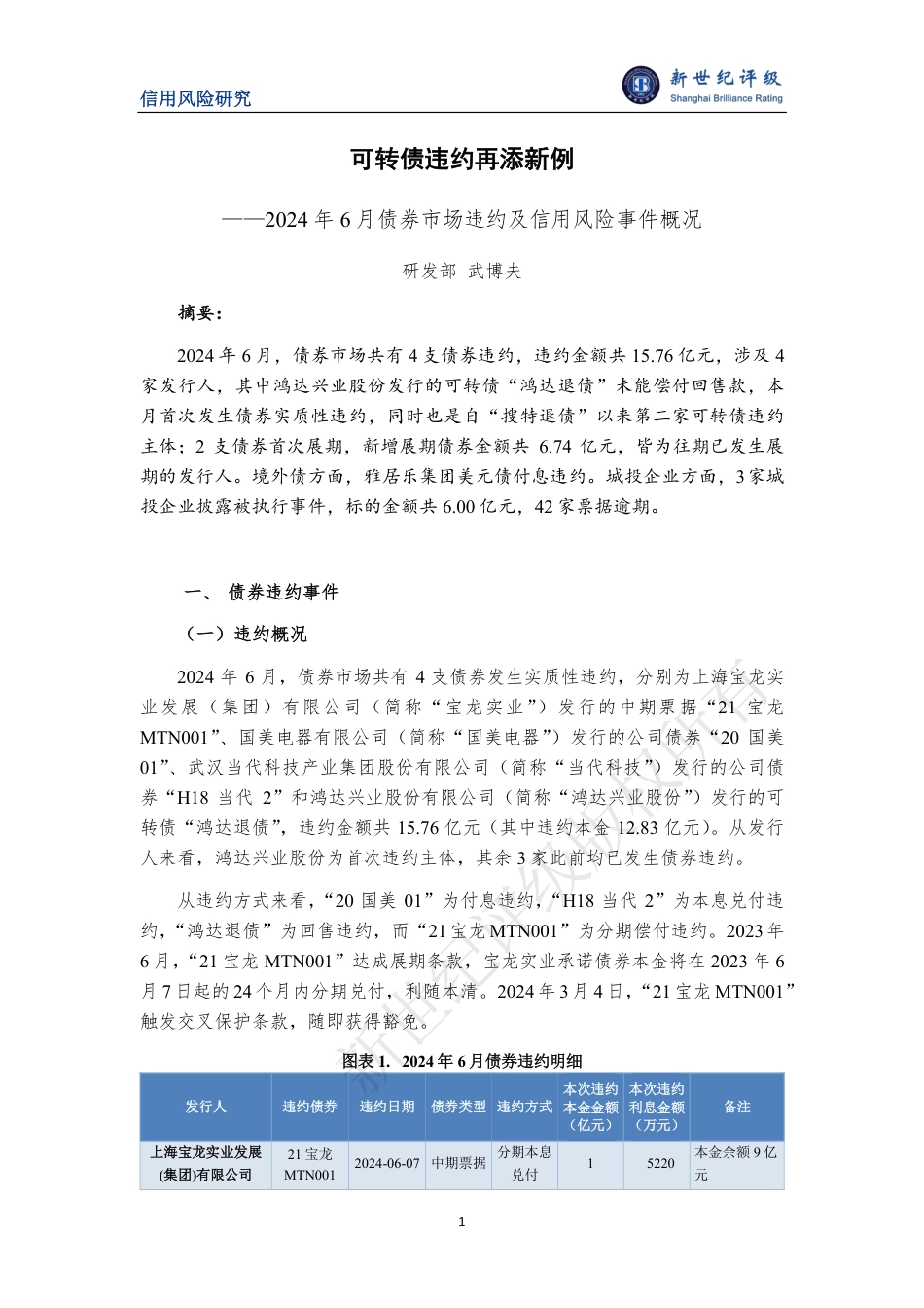 可转债违约再添新例 ——2024年6月债券市场违约及信用风险事件概况-7页_第1页