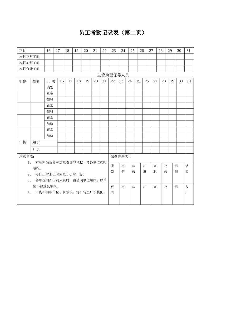 员工考勤记录表（第二页）_第1页