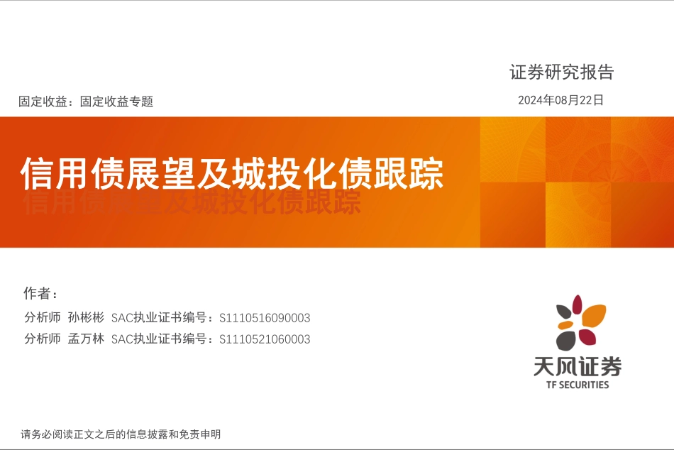 固定收益专题：信用债展望及城投化债跟踪-240822-天风证券-45页(1)_第1页