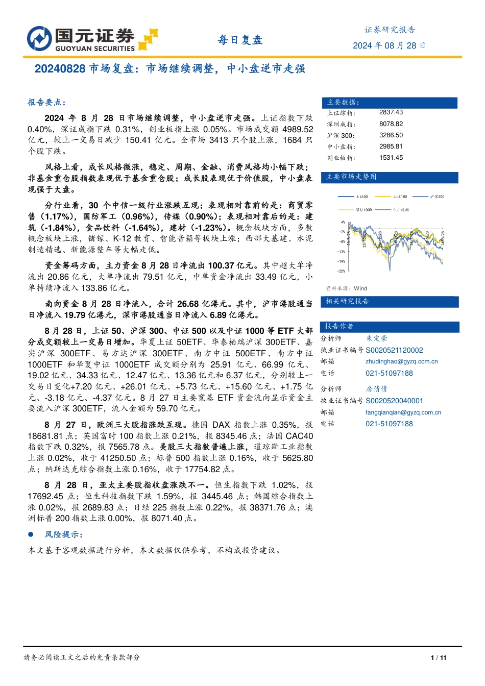 市场复盘：市场继续调整，中小盘逆市走强-240828-国元证券-11页_第1页