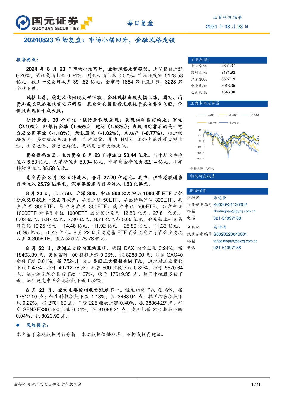 市场复盘：市场小幅回升，金融风格走强-240823-国元证券-11页_第1页