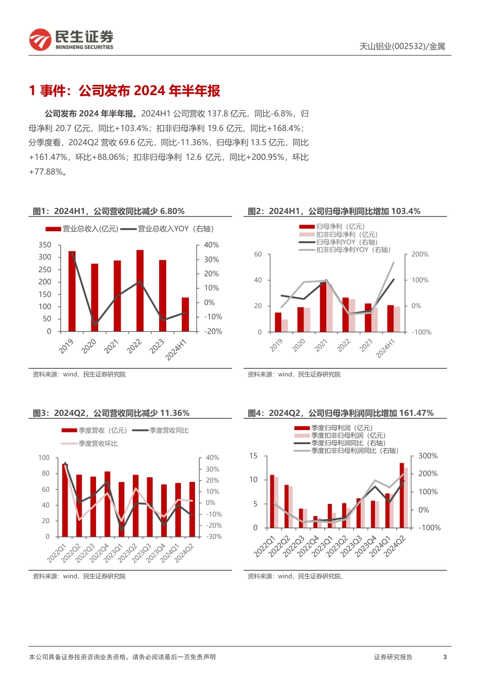 天山铝业(002532)2024年半年报点评：一体化优势显现，几内亚铝土矿布局将进一步降本-240826-民生证券-15页_第3页