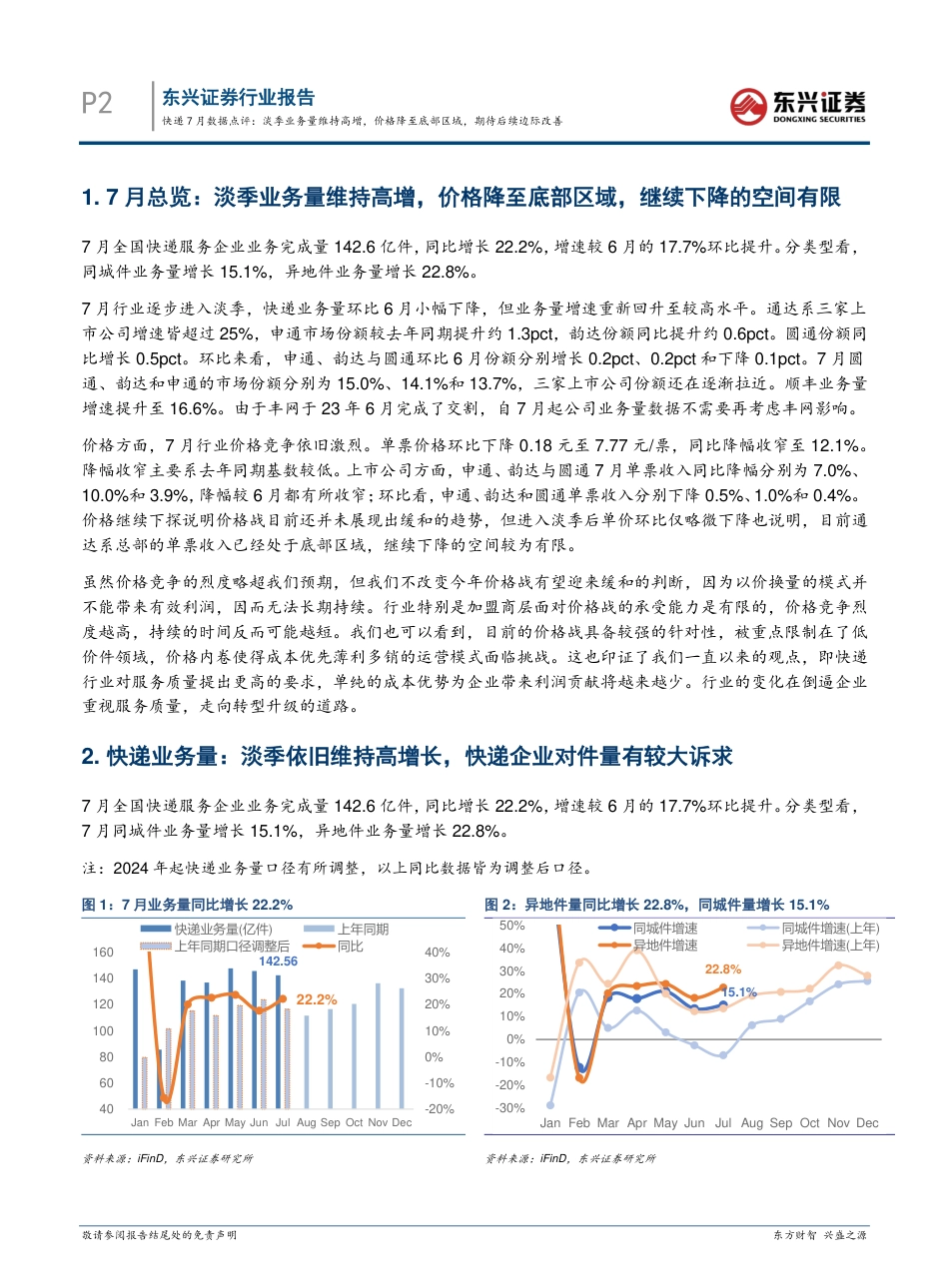 交通运输行业快递7月数据点评：淡季业务量维持高增，价格降至底部区域，期待后续边际改善-240822-东兴证券-10页(1)_第2页