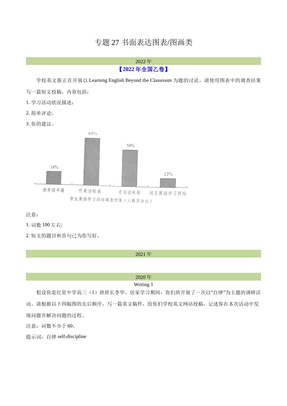 专题 27 书面表达图表和图画类（学生版） --学易金卷：十年（2014-2023）高考真题英语分项汇编（全国通用）_第1页